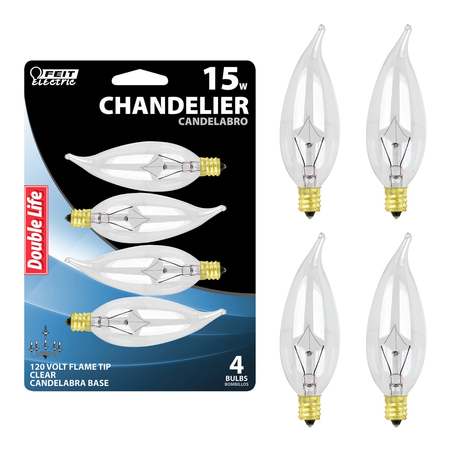 15W Soft White Dimmable B8 Clear Incandescent Flame Tip Chandelier Light Bulb (4-Pack)