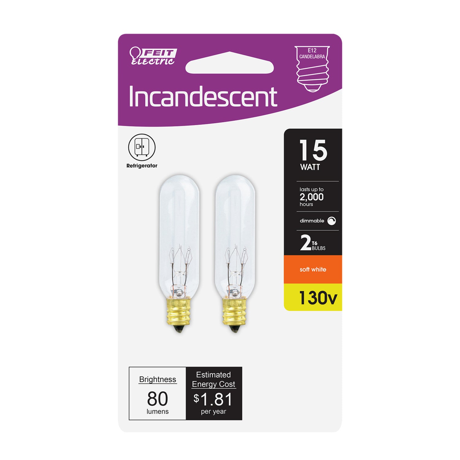 15-Watt T6 2700K E12 Base Incandescent Appliance Light Bulb