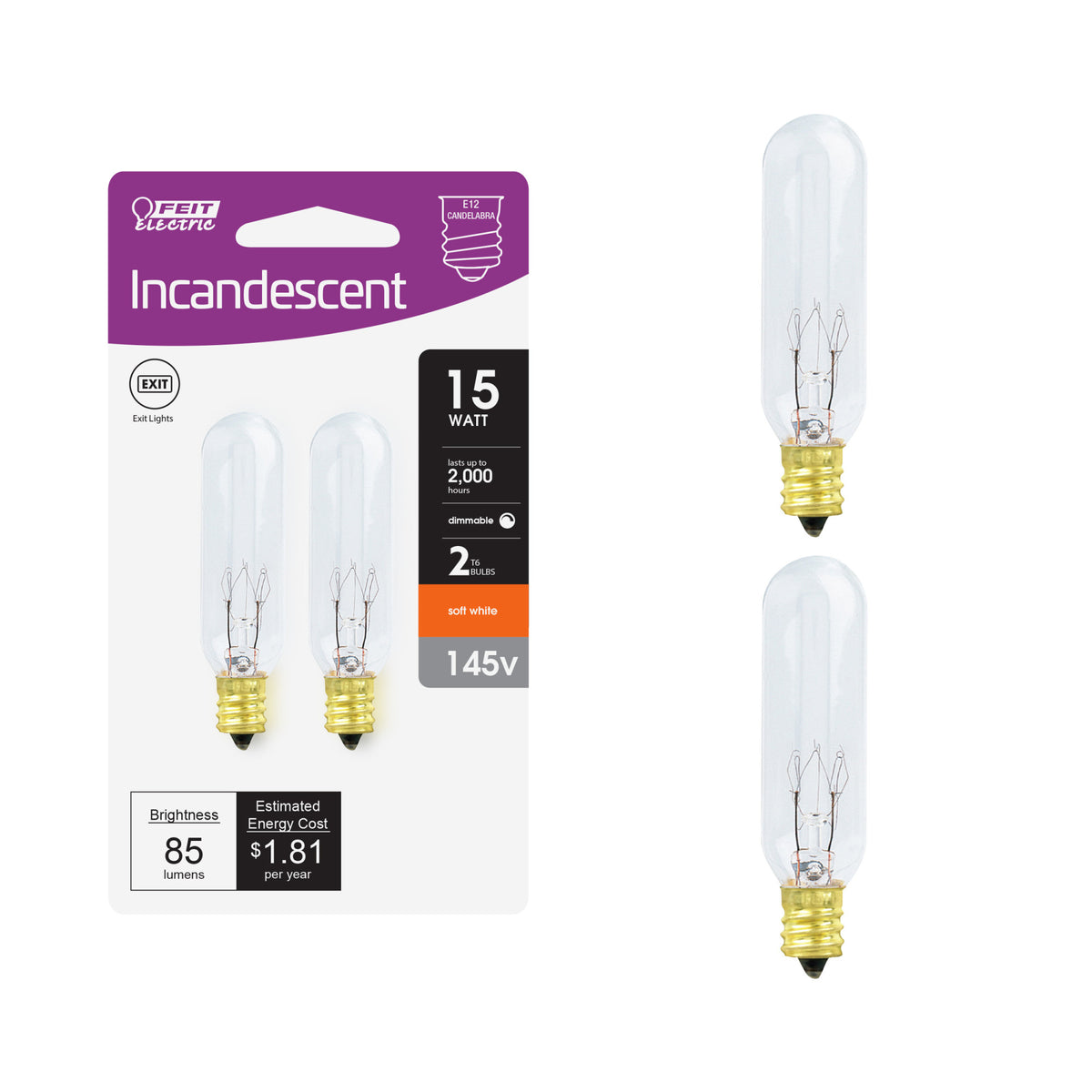 15W Soft White T6 (E12 Base) Dimmable Incandescent Light Bulb