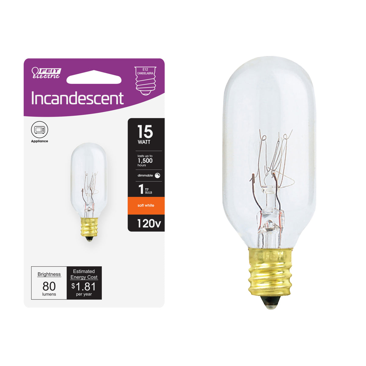15W Soft White (2700K) E12 Base T7 Incandescent Appliance Bulb