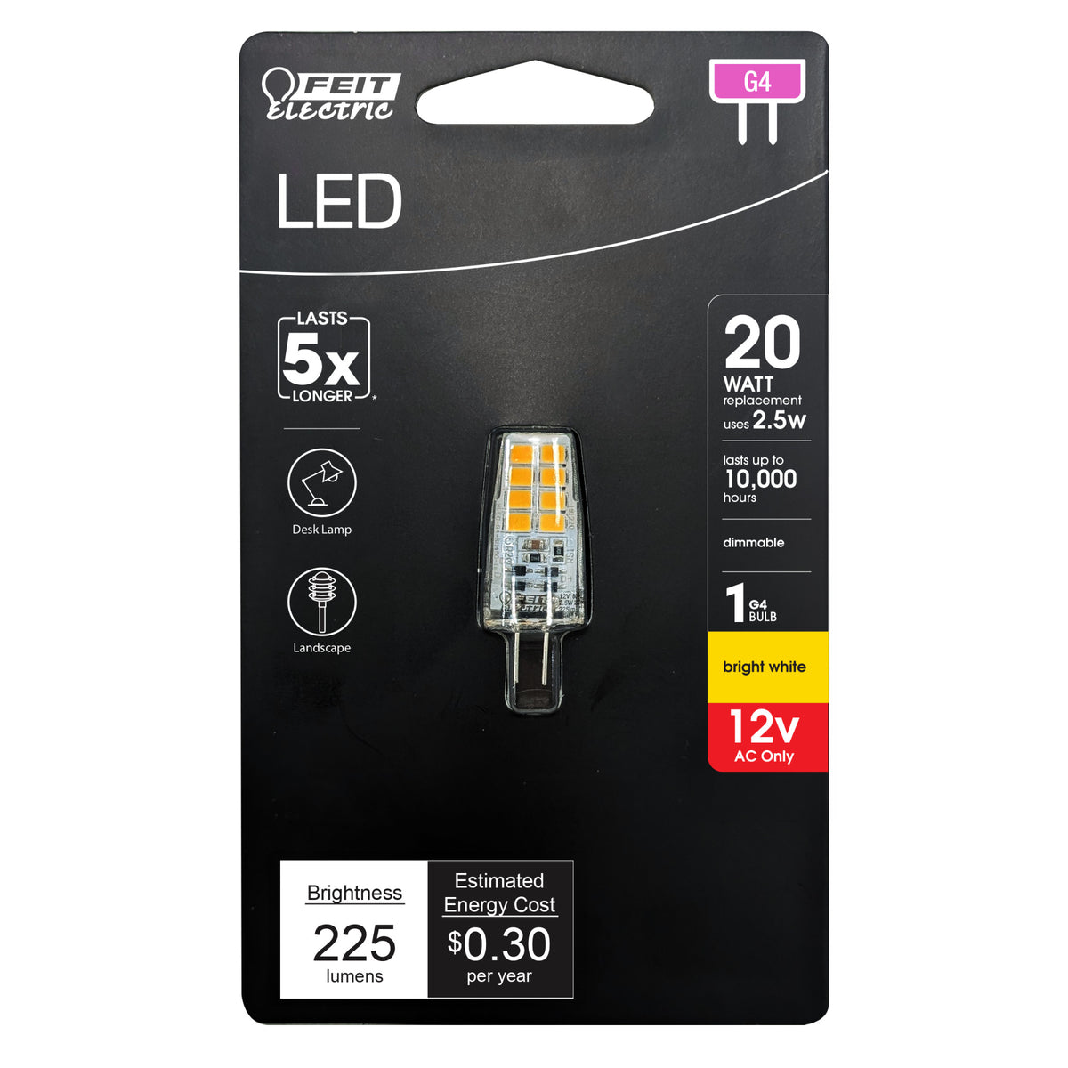 2.5W (20W Replacement) Bright White (3000K) Dimmable G4 Base Capsule Specialty LED