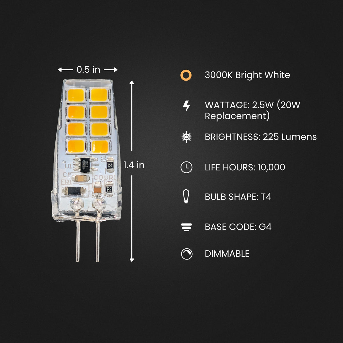 2.5W (20W Replacement) Bright White (3000K) Dimmable G4 Base Capsule Specialty LED