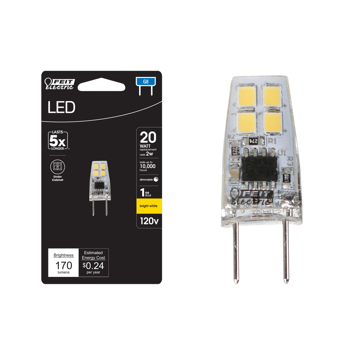 2W (20W Replacement) Bright White (3000K) Dimmable G8 Base T4 Capsule Specialty LED