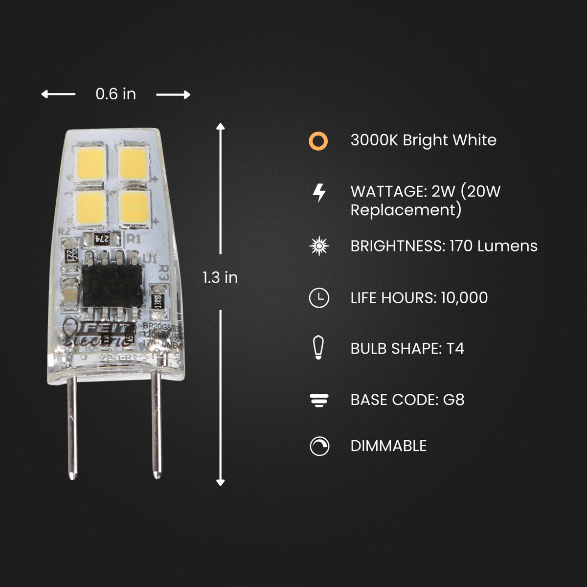 2W (20W Replacement) Bright White (3000K) Dimmable G8 Base T4 Capsule Specialty LED
