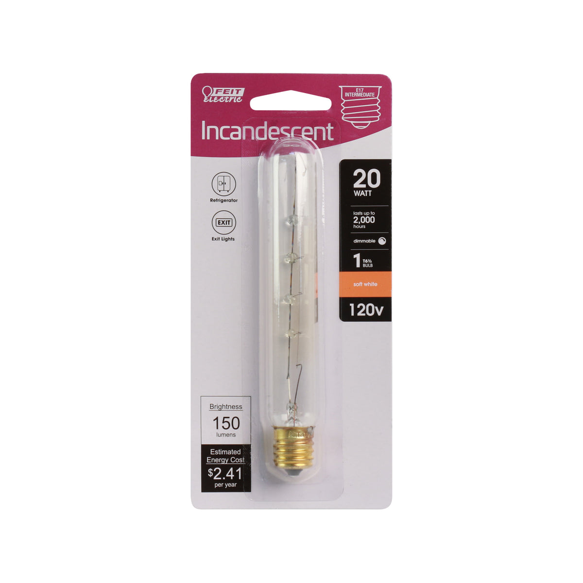 20W Soft White (2700K) T6 1/2 E17 Base Dimmable Incandescent Light Bulb