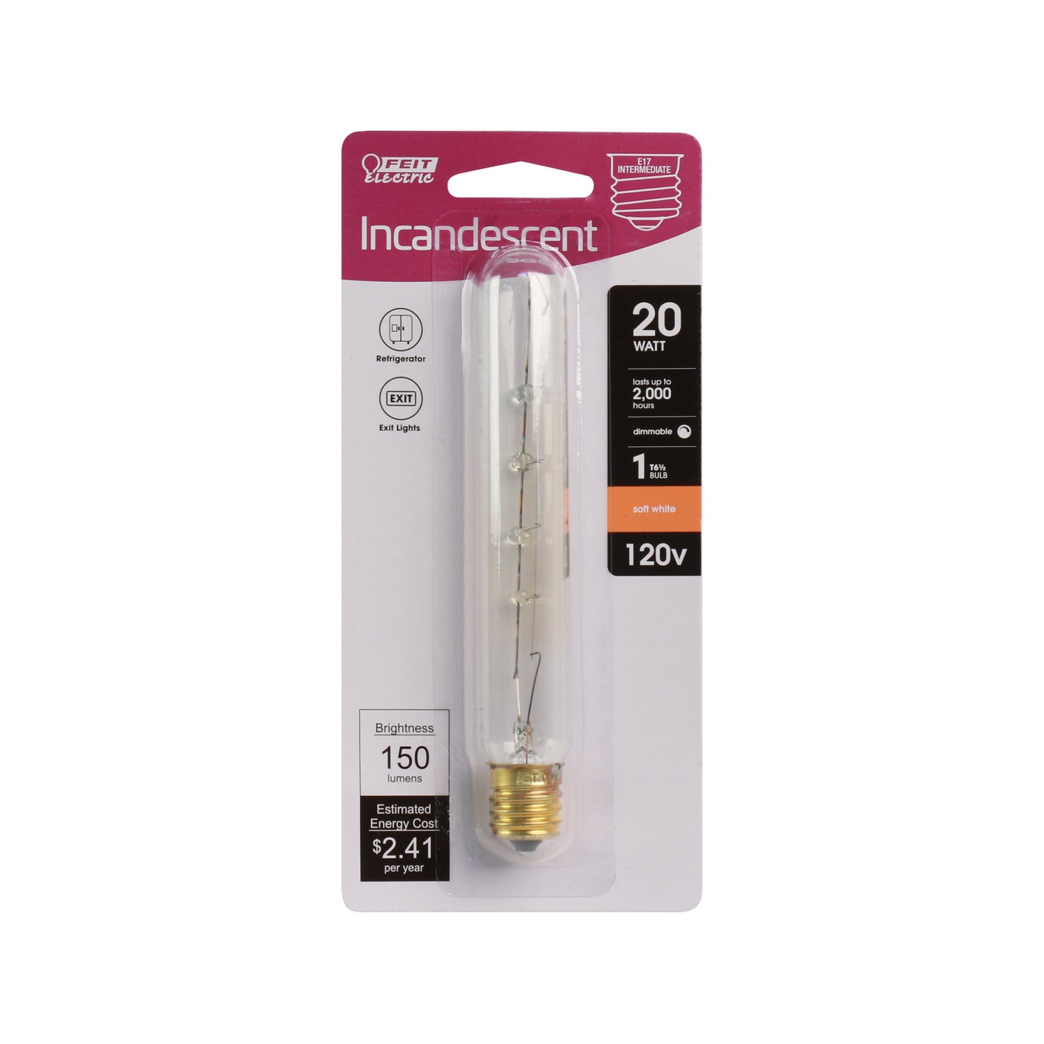 20W Soft White (2700K) T6 1/2 E17 Base Dimmable Incandescent Light Bulb
