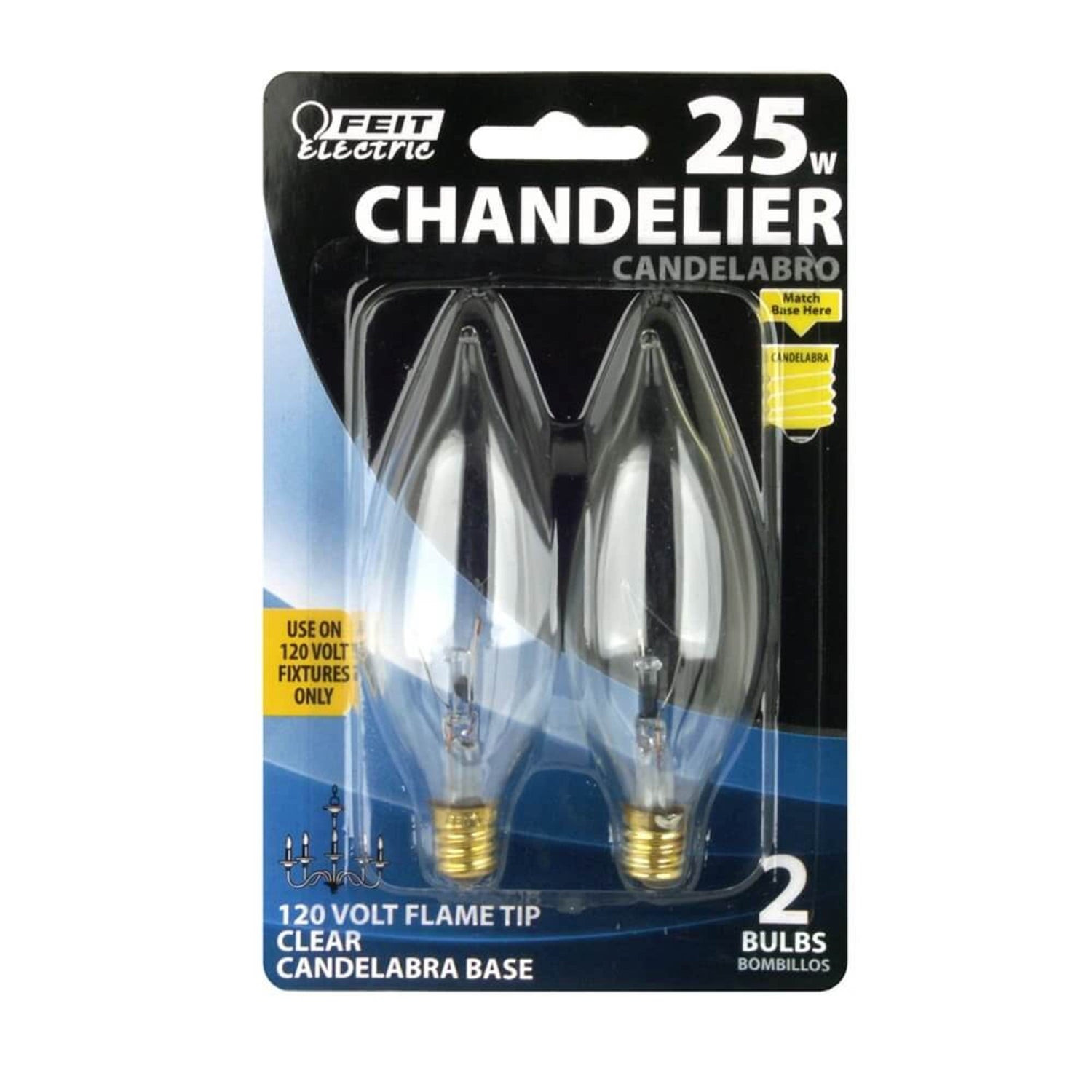 25W Soft White (2700K) E12 Base CA10 Clear Flame Tip Chandelier Dimmable  Incandescent Light Bulb (2-Pack) - Feit Electric