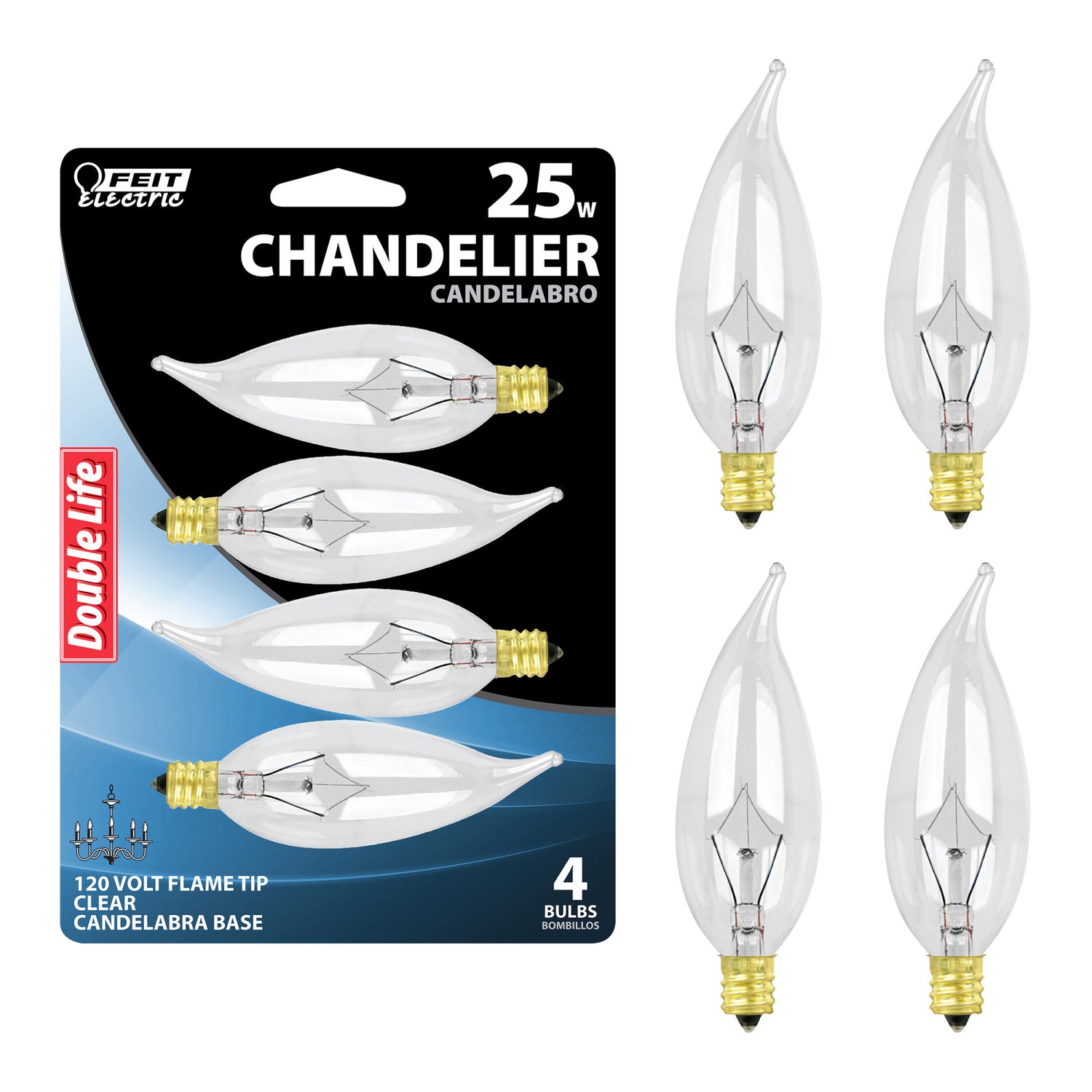 25W Soft White Dimmable Clear Incandescent Flame Tip Chandelier Light Bulb (4-Pack)