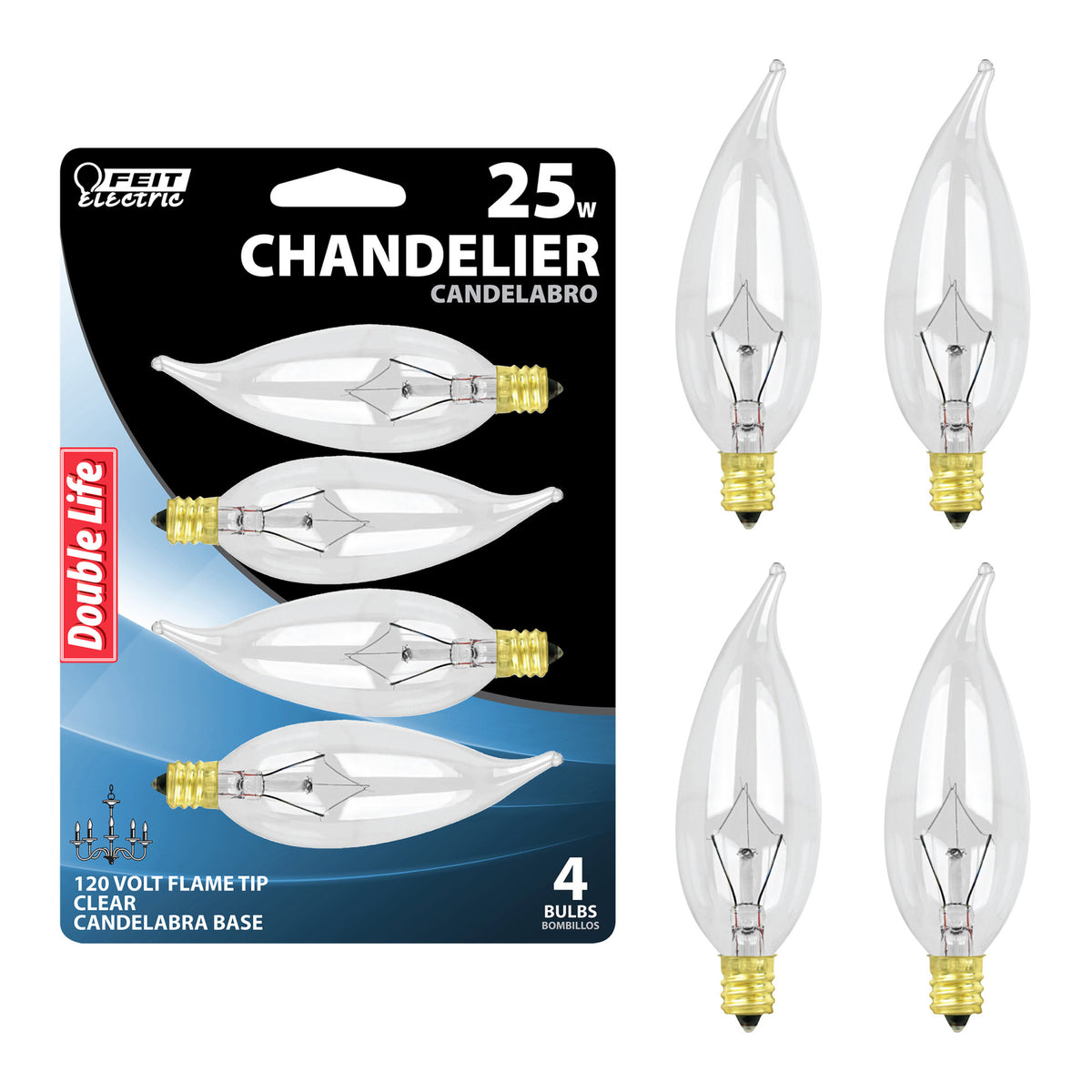 25W Soft White Dimmable Clear Incandescent Flame Tip Chandelier Light Bulb (4-Pack)