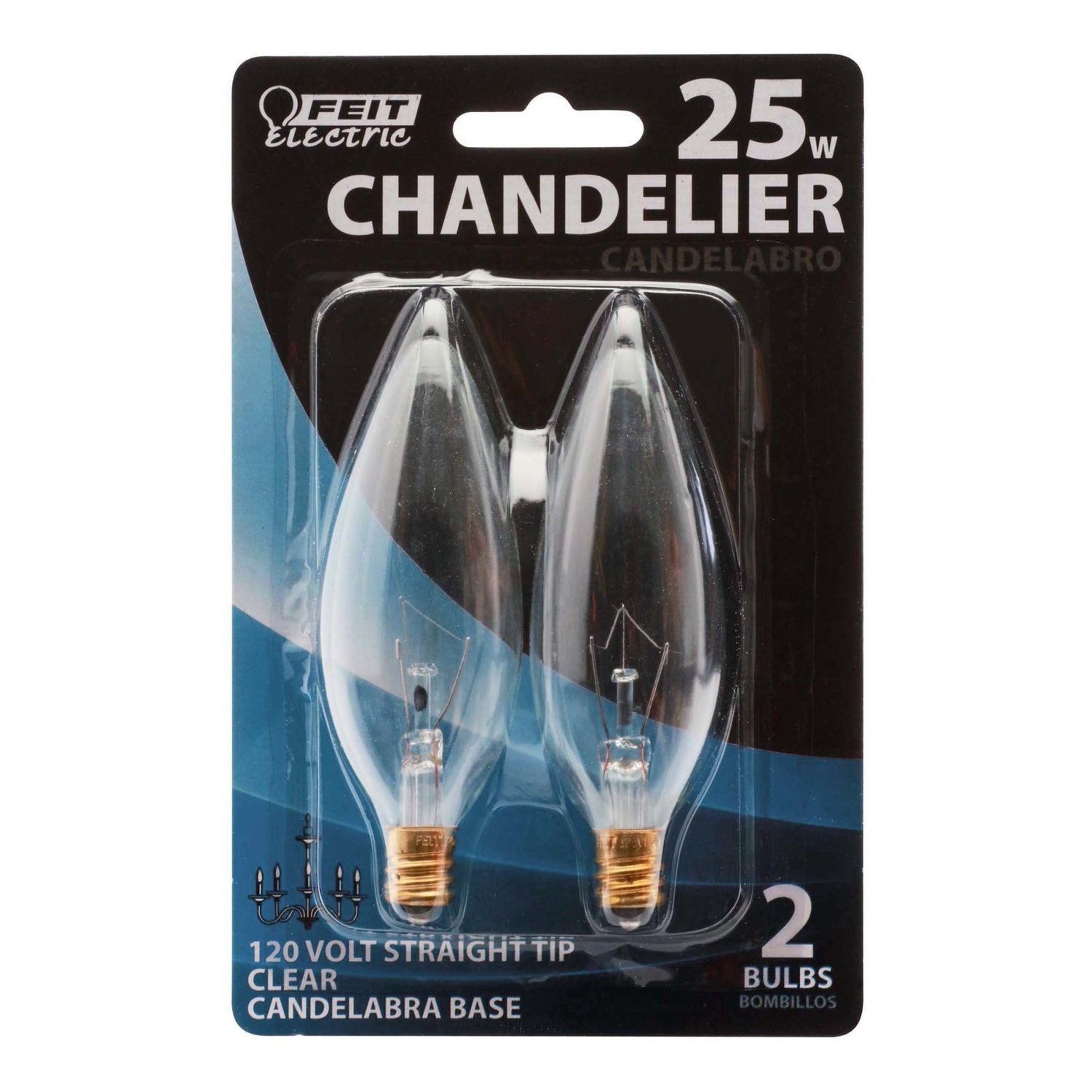 25W Soft White (2700K) E12 Base B10 Clear Torpedo Tip Dimmable Incandescent Light Bulb (2-Pack) - Feit Electric