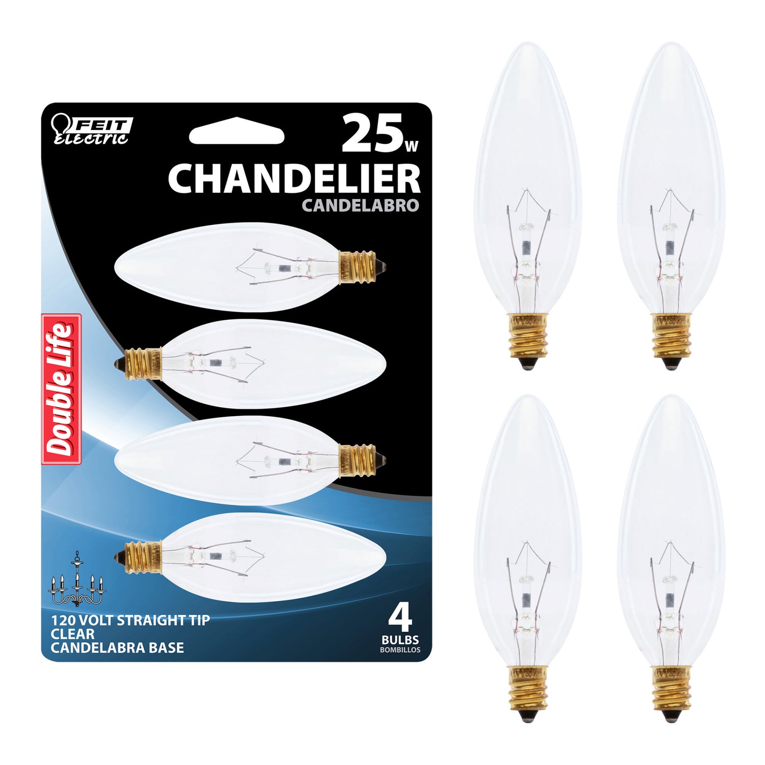 25W Soft White (2700K) E12 Base B10 Dimmable Clear Incandescent Straight Tip Chandelier Light Bulb (4-Pack)