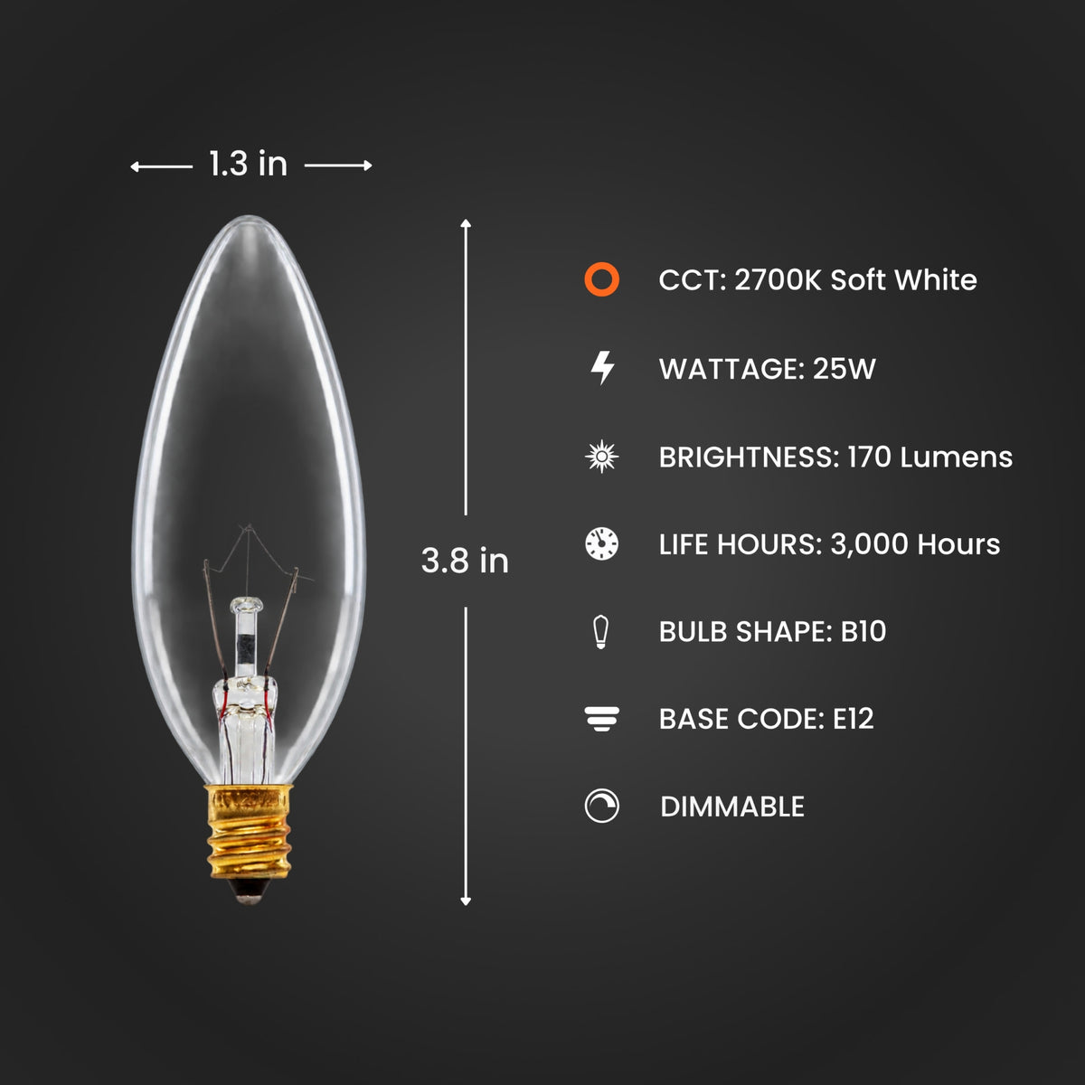 25W Soft White (2700K) E12 Base B10 Dimmable Clear Incandescent Straight Tip Chandelier Light Bulb (4-Pack)