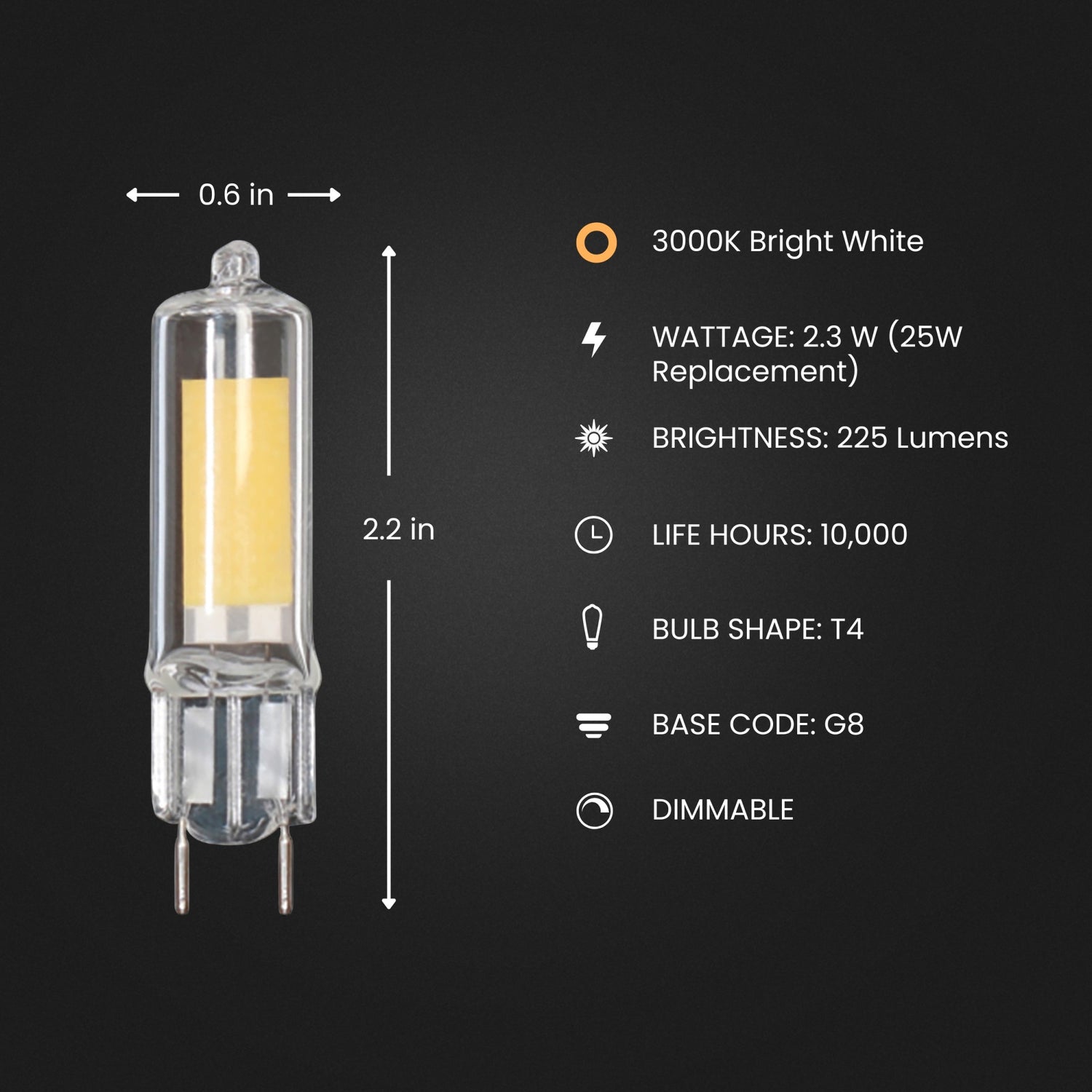 2.3W (25W Replacement) Bright White (3000K) G8 Base T4 Dimmable Specialty LED