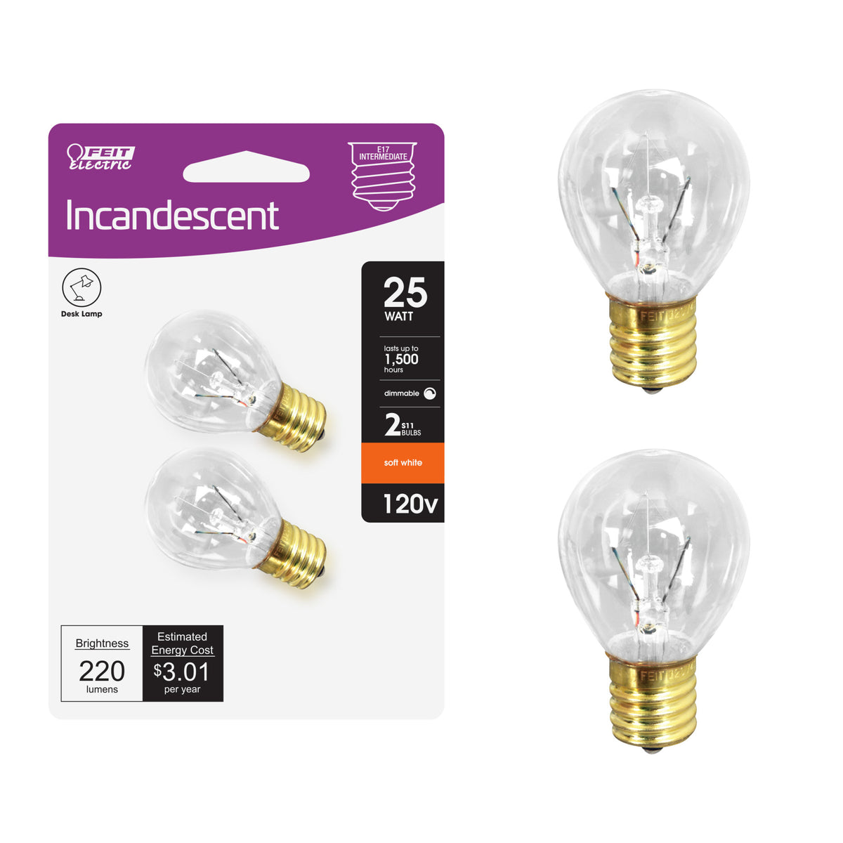25W Soft White (2700K) S11 E17 Base High Intensity Incandescent Light Bulb (2-Pack)