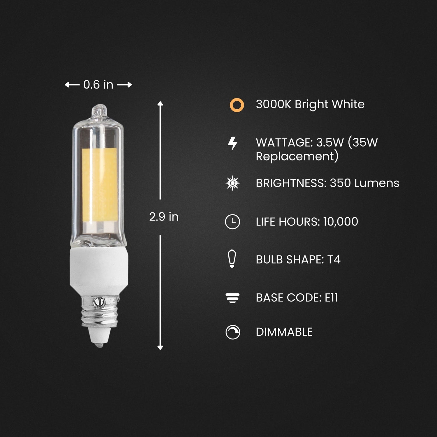 3.5W (35W Replacement) Bright White (3000K) Dimmable E11 Base T4 Specialty LED