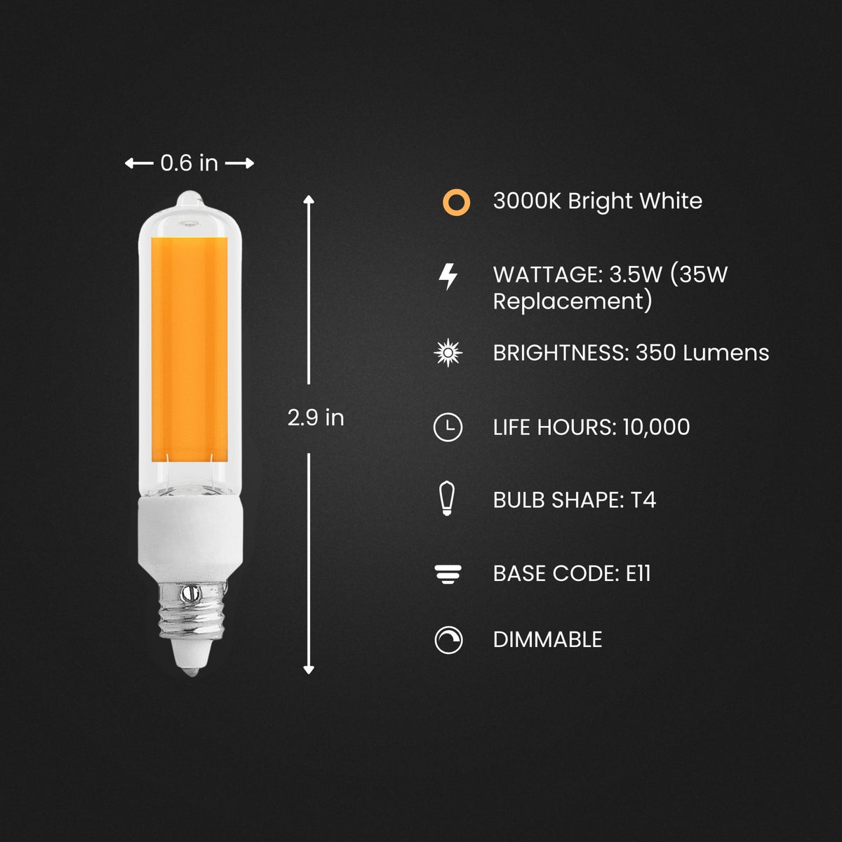 3.5W (35W Replacement) Bright White (3000K) Dimmable E11 Base T4 Specialty LED
