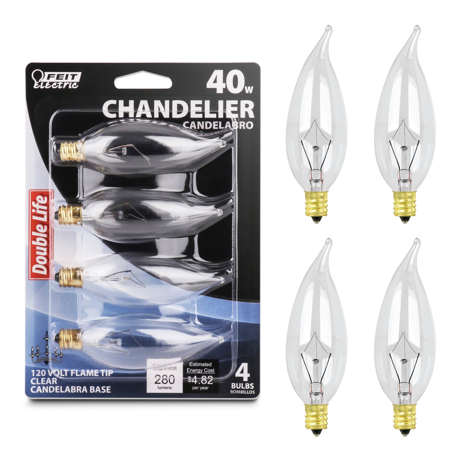 40W Soft White (2700K) E12 Base Flame Tip Double Life Incandescent Light Bulb (4-Pack)
