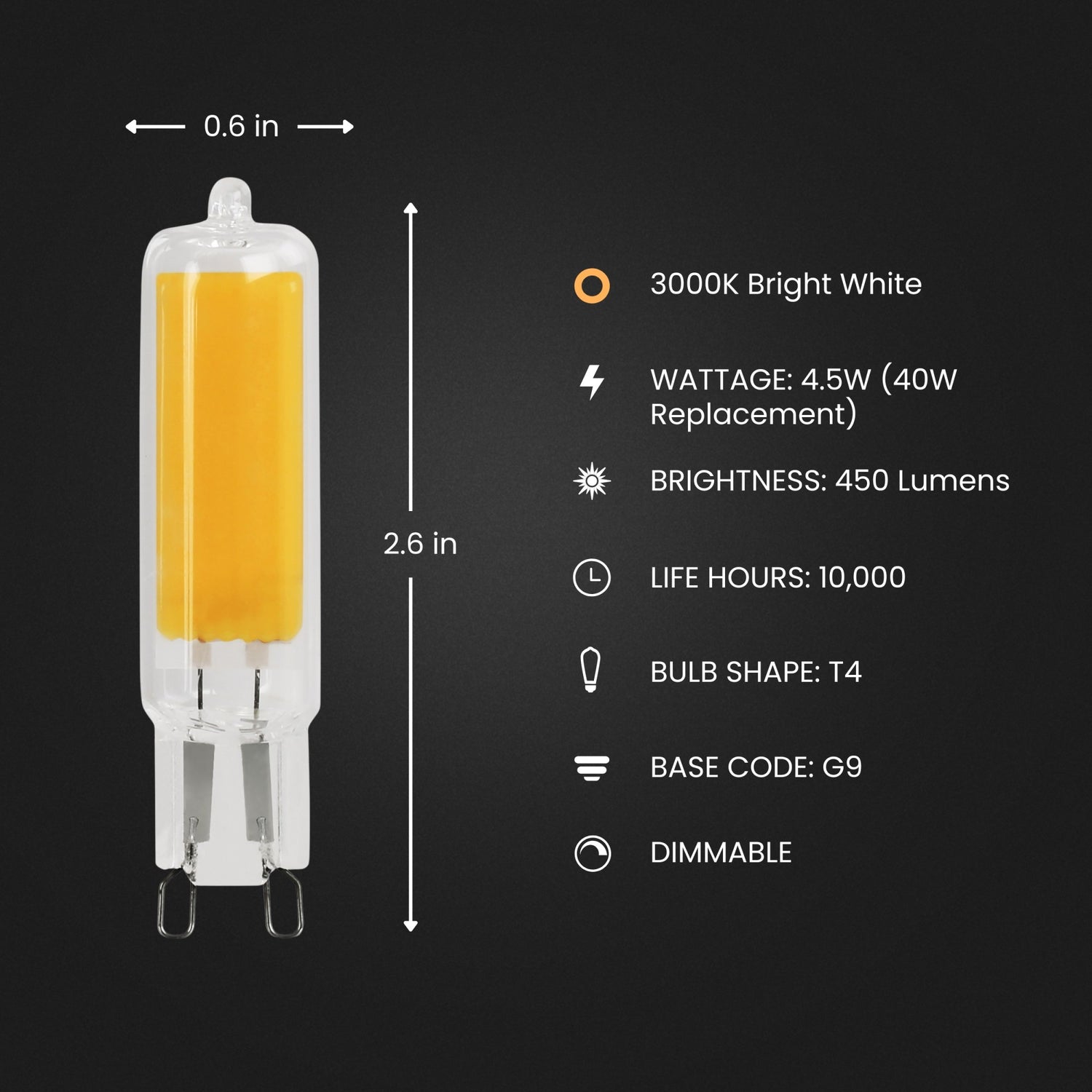 4.5 W (40W Replacement) Bright White (3000K) G9 Base (T4Replacement) Dimmable LED Light Bulb