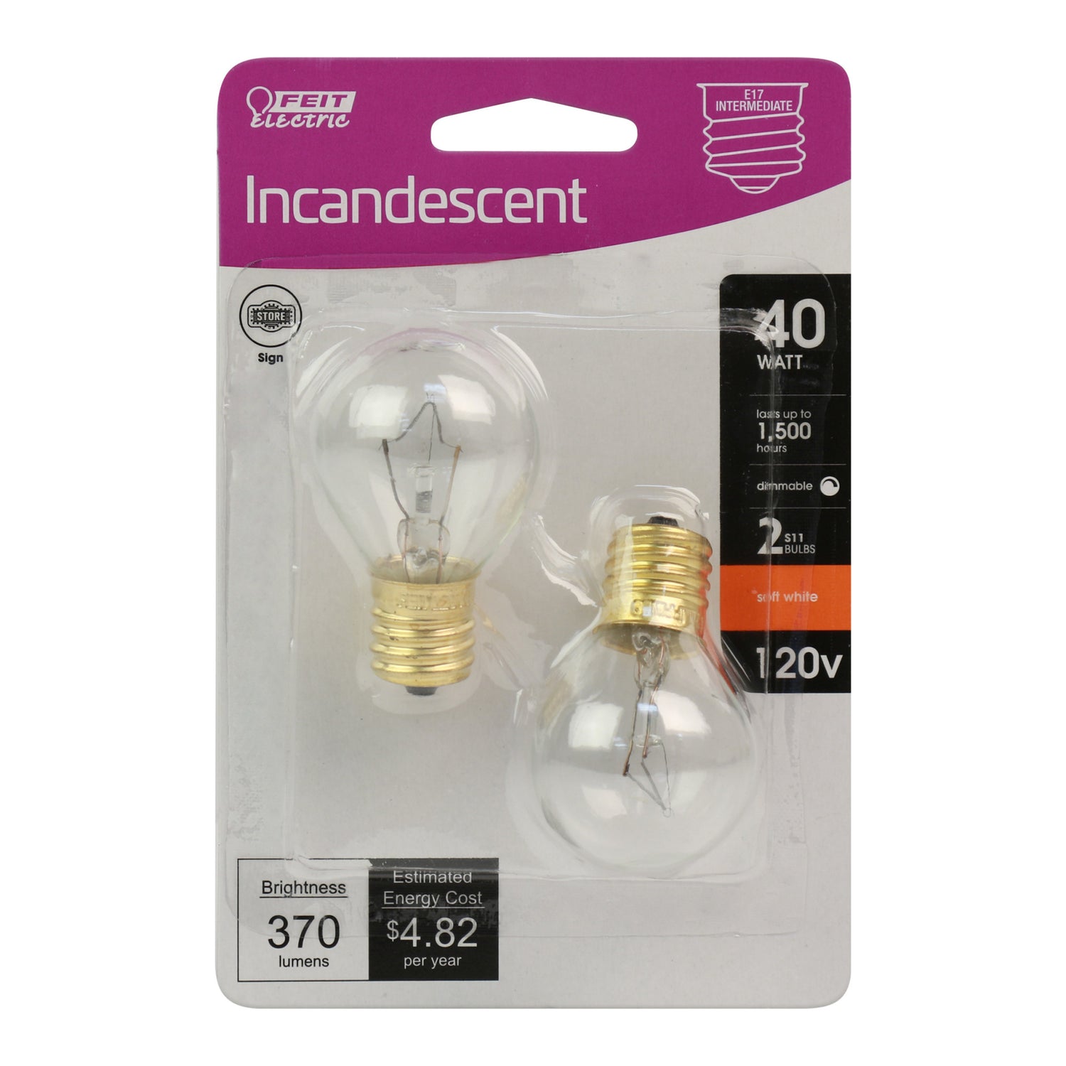 40W Soft White (2700K) Globe Shape S11 E17 Base Incandescent Light Bulb (2-Pack)