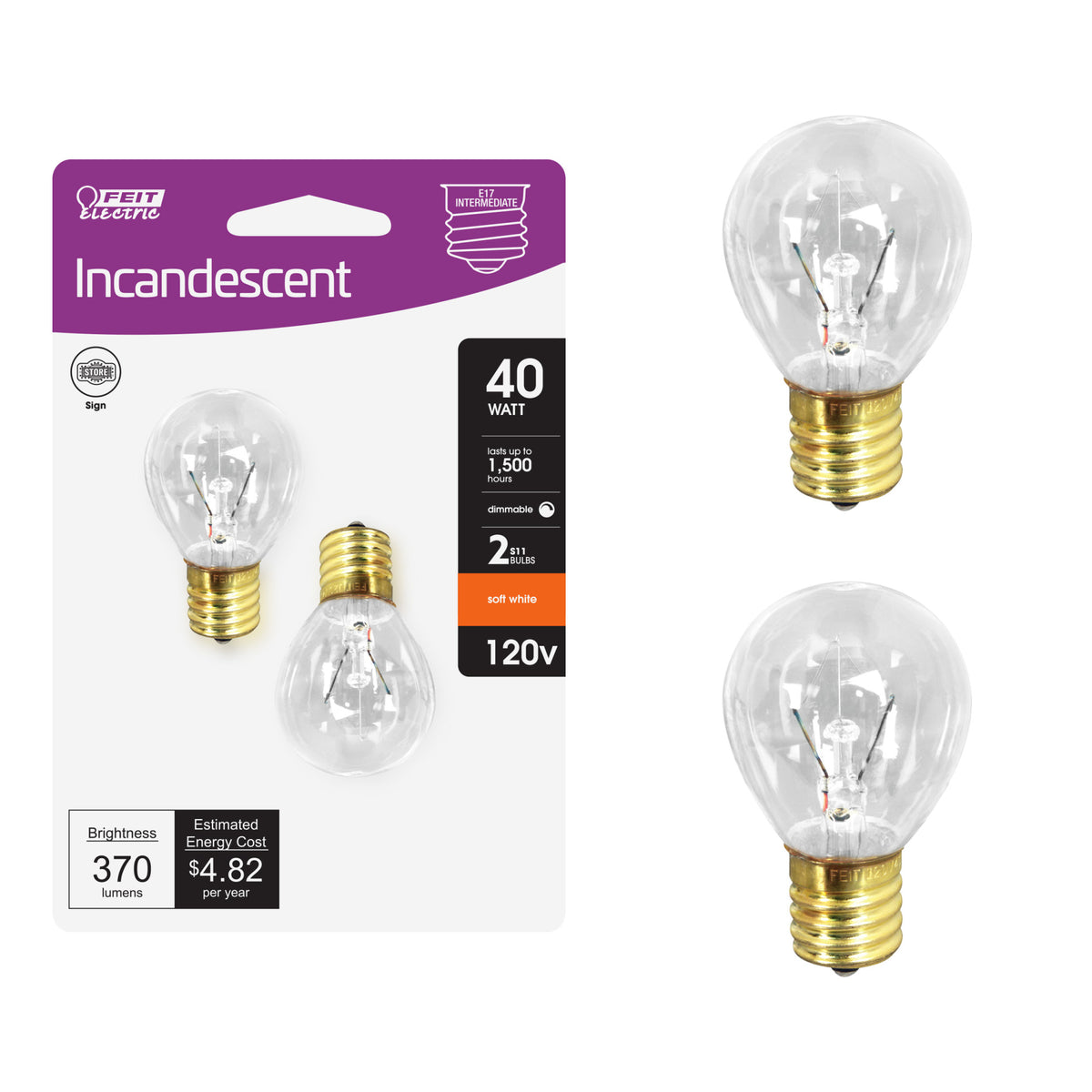 40W Soft White (2700K) Globe Shape S11 E17 Base Incandescent Light Bulb (2-Pack)
