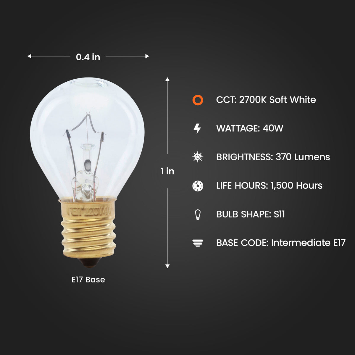 40W Soft White (2700K) Globe Shape S11 E17 Base High Intensity Incandescent Light Bulb (2-Pack)