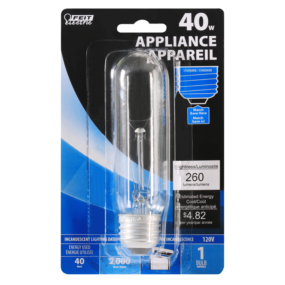 40W Soft White (2700K) Clear T10 Dimmable Incandescent Appliance Light Bulb
