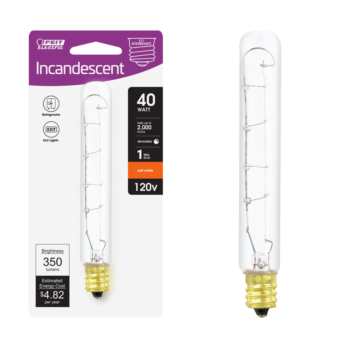 40W Soft White (2700K) T6 ½ E17 Base Dimmable Clear Appliance Incandescent Light Bulb