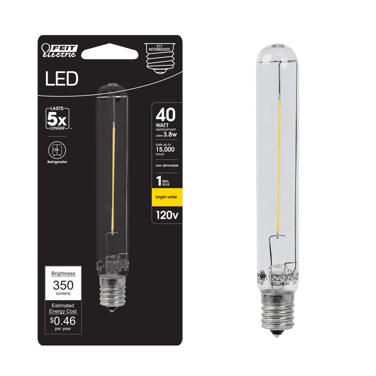 3.8W (40W Replacement) Bright White (3000K) Intermediate E17 Base T6 1/2 Appliance LED Light Bulb