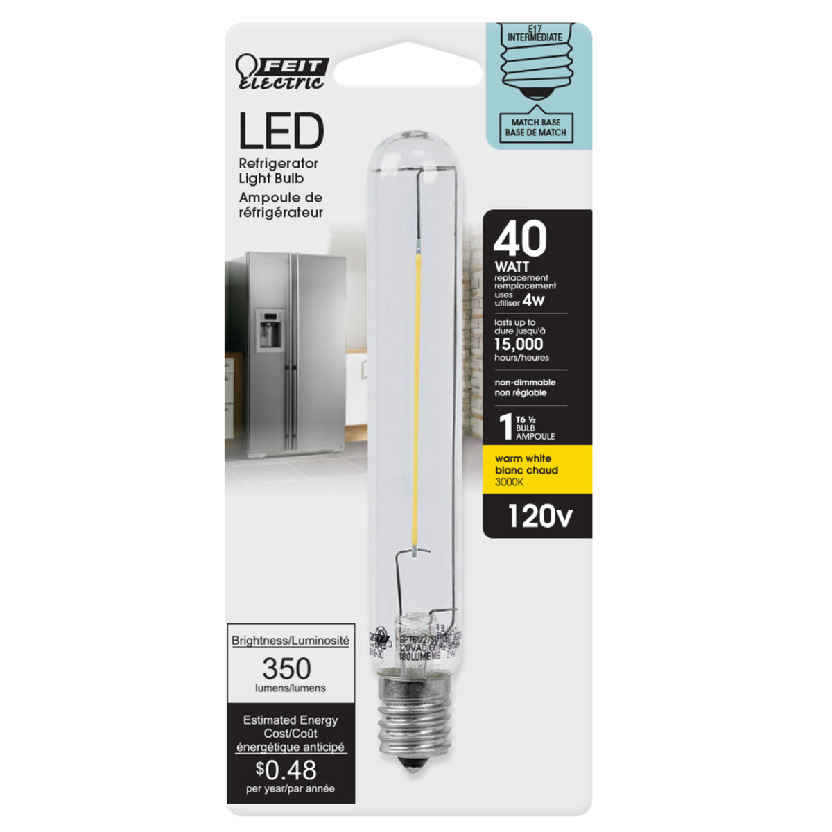 4W (40W Replacement) Warm White (3000K) E17 Base T6 1/2 Specialty LED Light Bulb