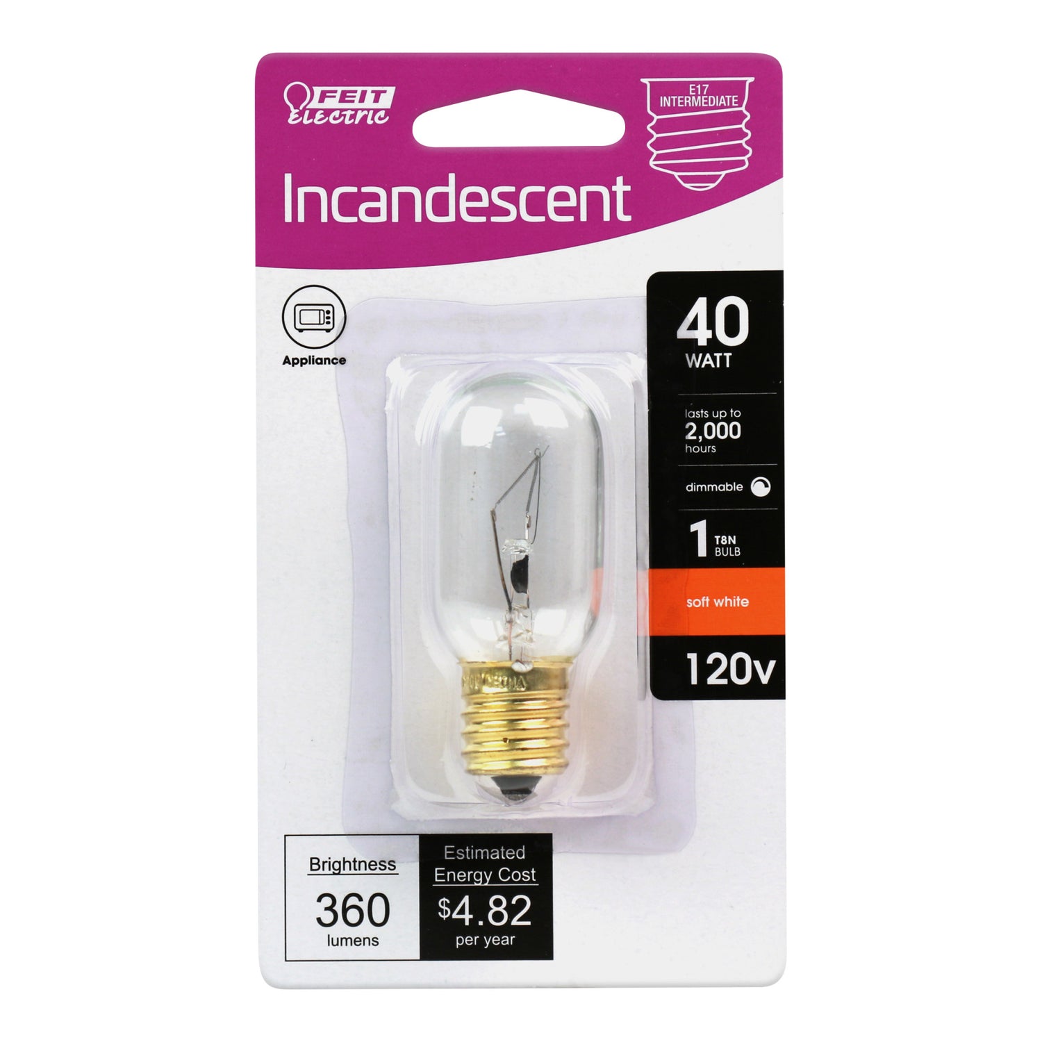 40W Soft White (2700K) Clear E17 Base T8 Incandescent Dimmable Appliance Light Bulb