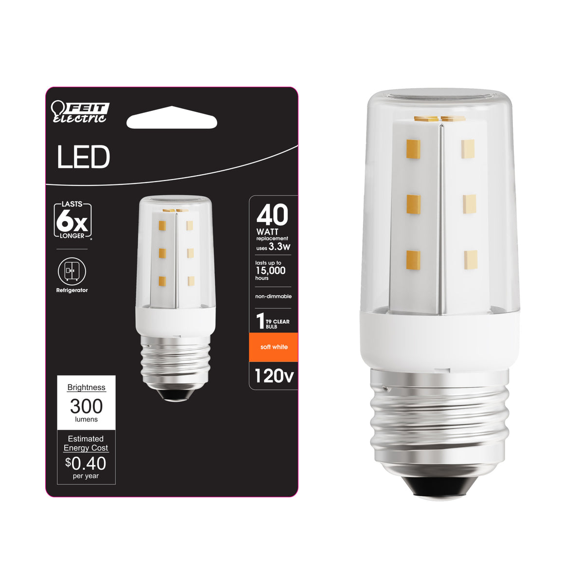 3.3W (40W Replacement) Soft White (2700K) E26 Base T9 Non-Dimmable Appliance LED