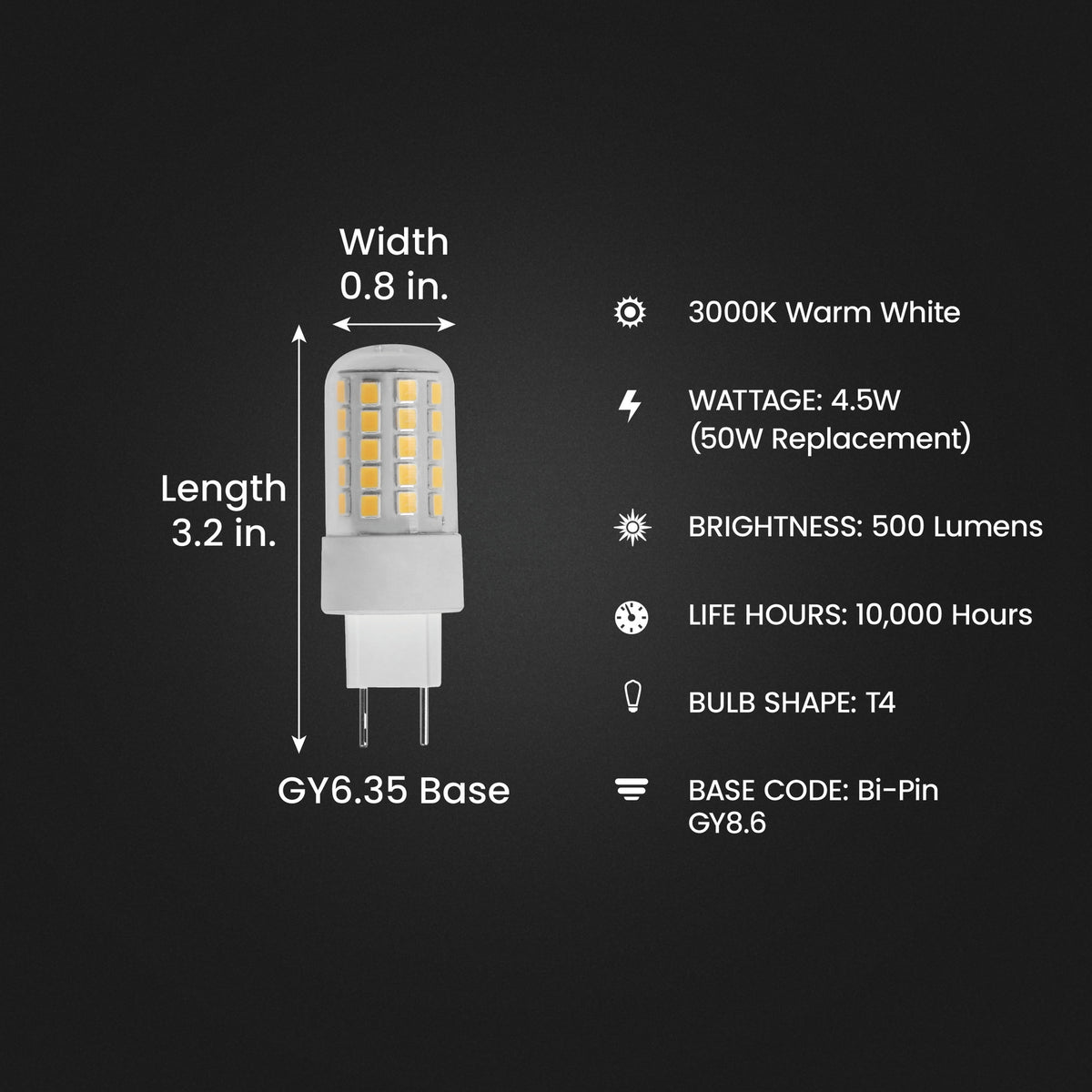 4.5W (50W Replacement) Warm White (3000K) GY8.6 Base T4 Dimmable Specialty LED