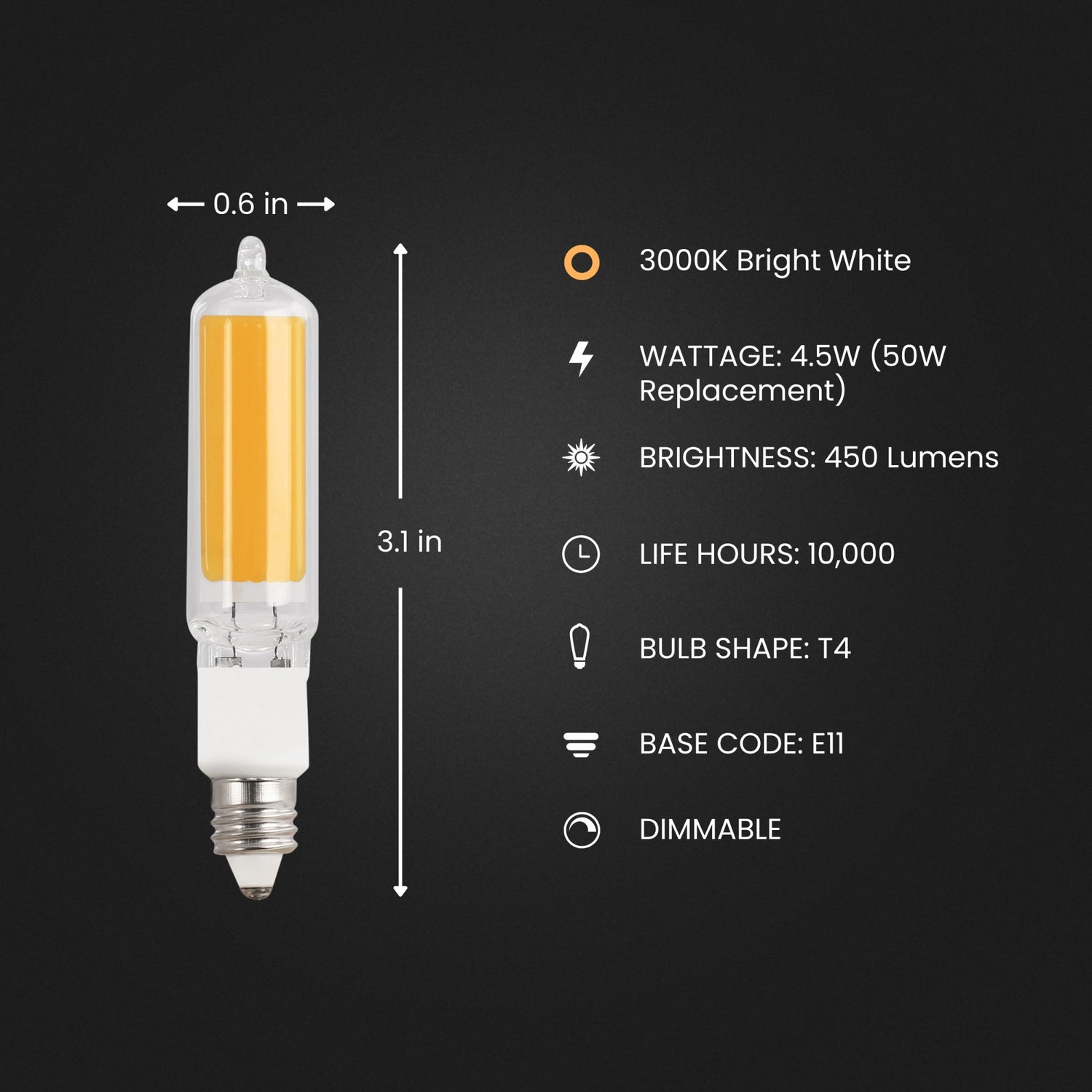 4.5W (50W Equivalent) Bright White (3000K) E11 Base (T4 Replacement) Dimmable Specialty LED