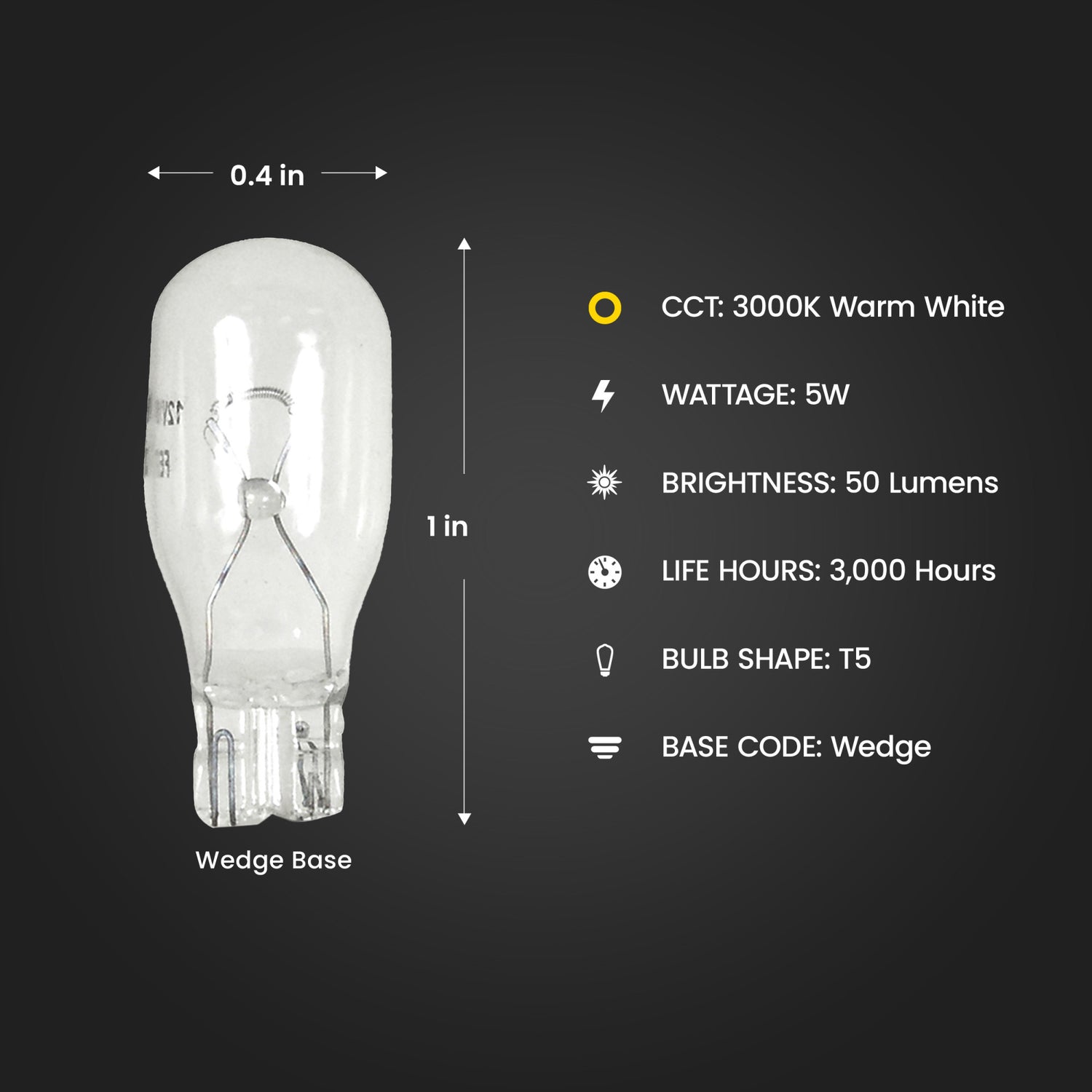5W Warm White T5 Dimmable Halogen Wedge Base Light Bulb