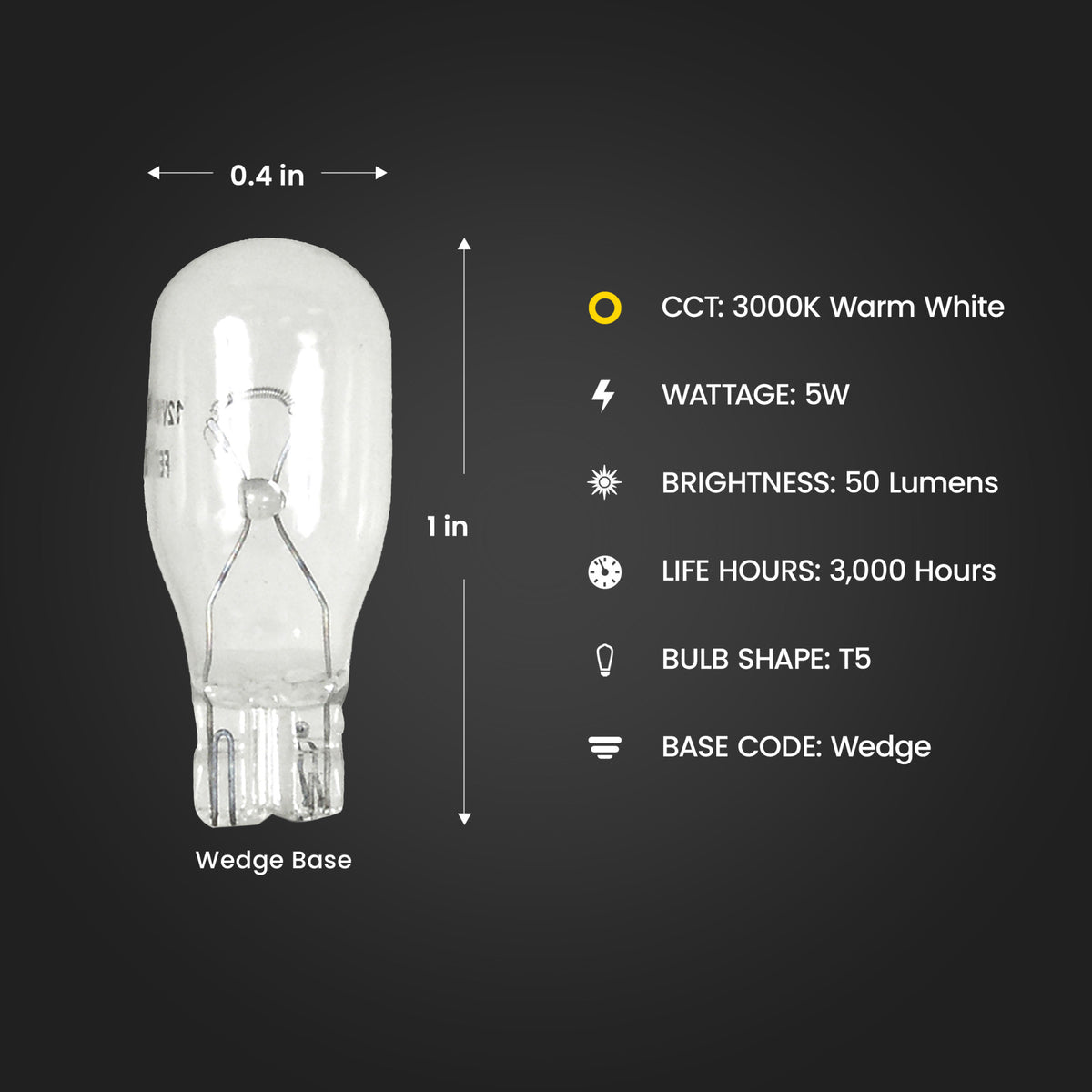 5W Warm White T5 Dimmable Halogen Wedge Base Light Bulb