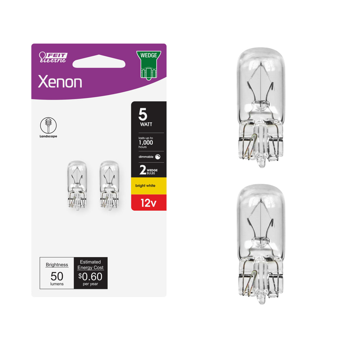 5W Bright White (2700K) T5 Dimmable Halogen Wedge Base Light Bulb (2-Pack)