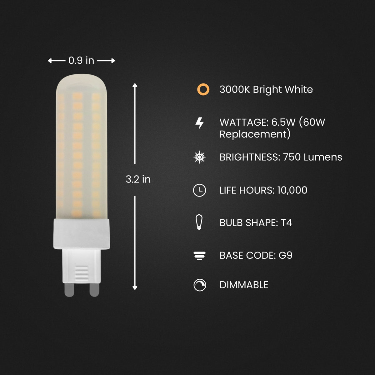 6.5W (60W Equivalent) Bright White (3000K) Dimmable G9 Base T4 Specialty LED