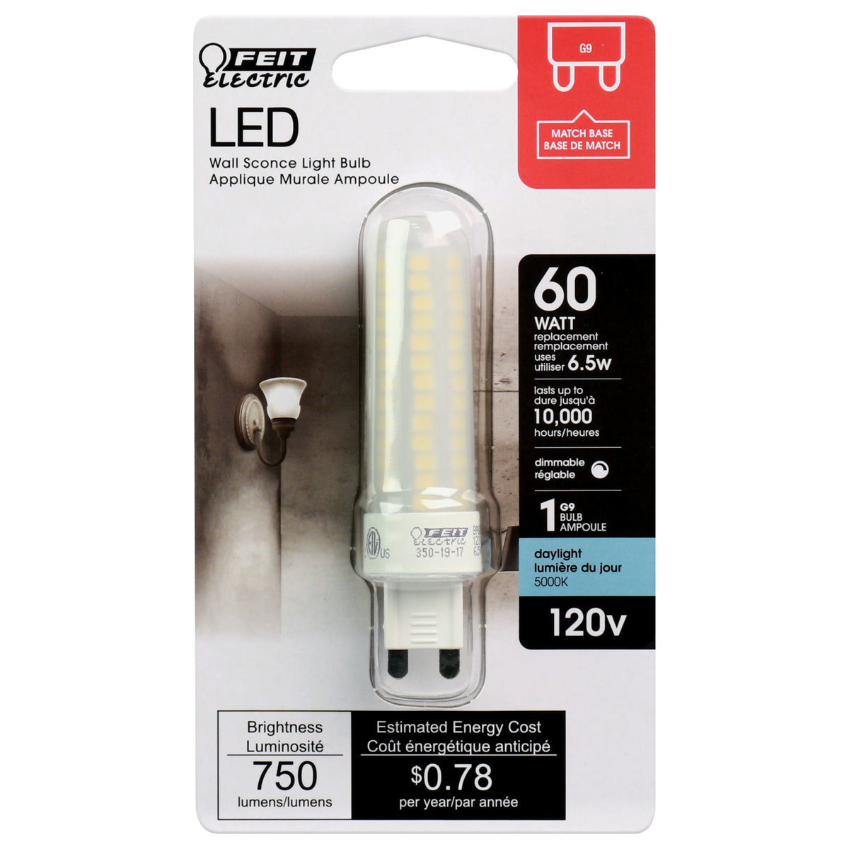 6.5W (60W Replacement) Daylight (5000K) Dimmable G9 Base T4 Specialty LED Bulb