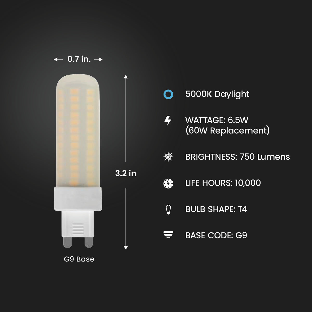 6.5W (60W Replacement) Daylight (5000K) Dimmable G9 Base T4 Specialty LED Bulb