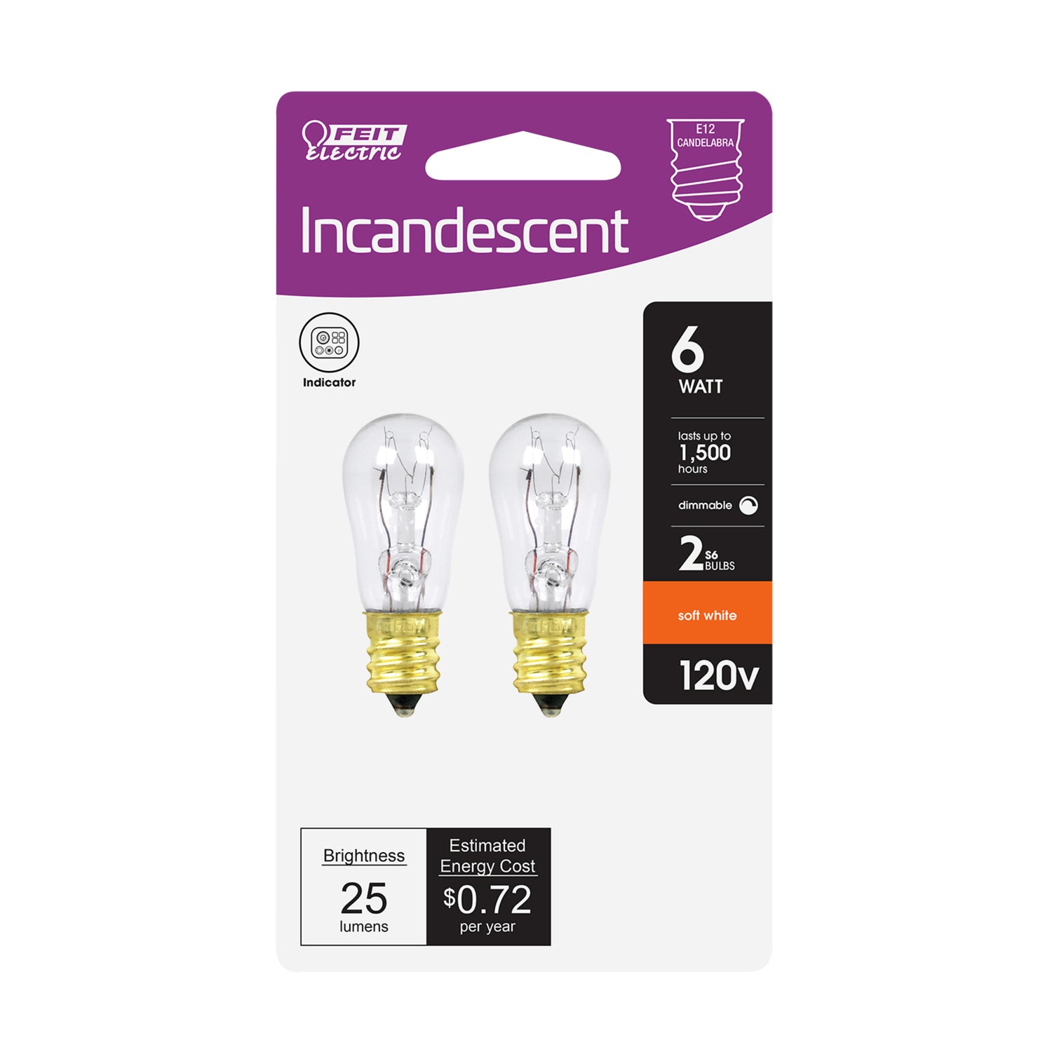 6W Soft White (2700K) S6 E12 Base Dimmable Incandescent Bulb