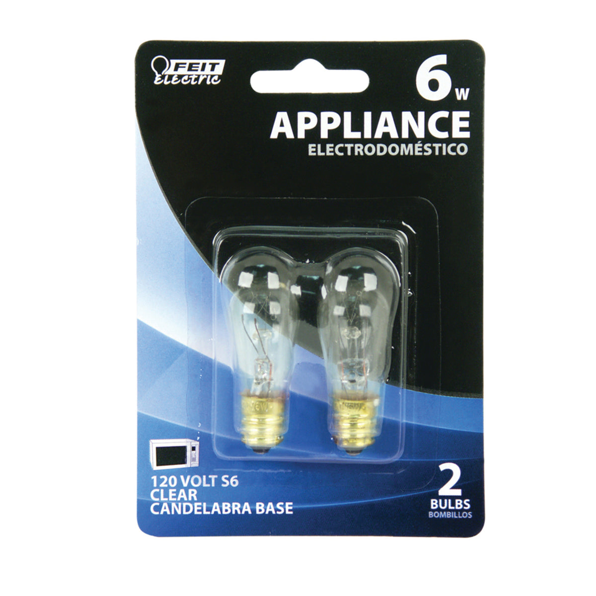6W Soft White (2700K) S6 Candelabra E12 Base Dimmable Clear Appliance Incandescent Light Bulb (2-Pack)