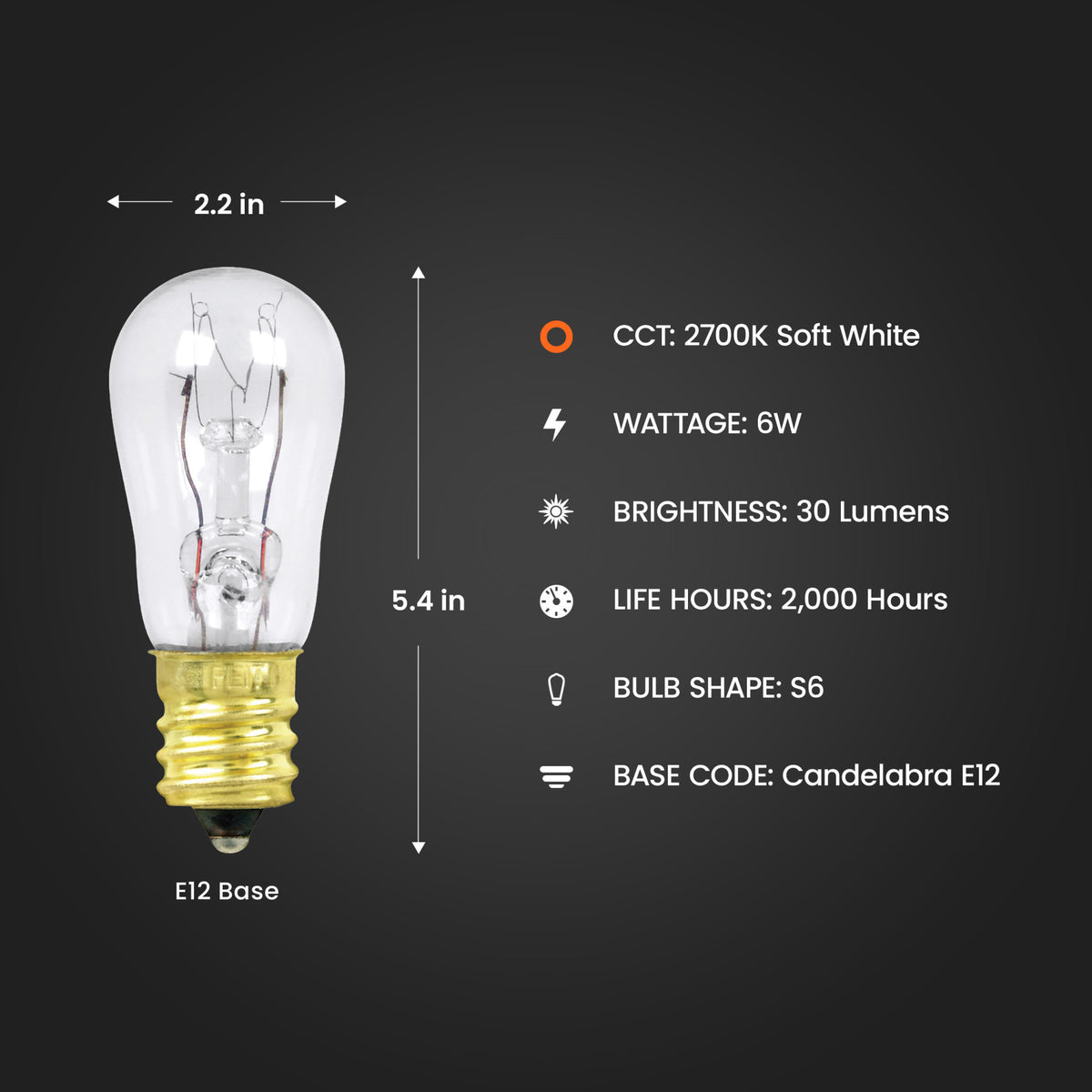 6W Soft White (2700K) S6 Candelabra E12 Base Dimmable Clear Appliance Incandescent Light Bulb (2-Pack)