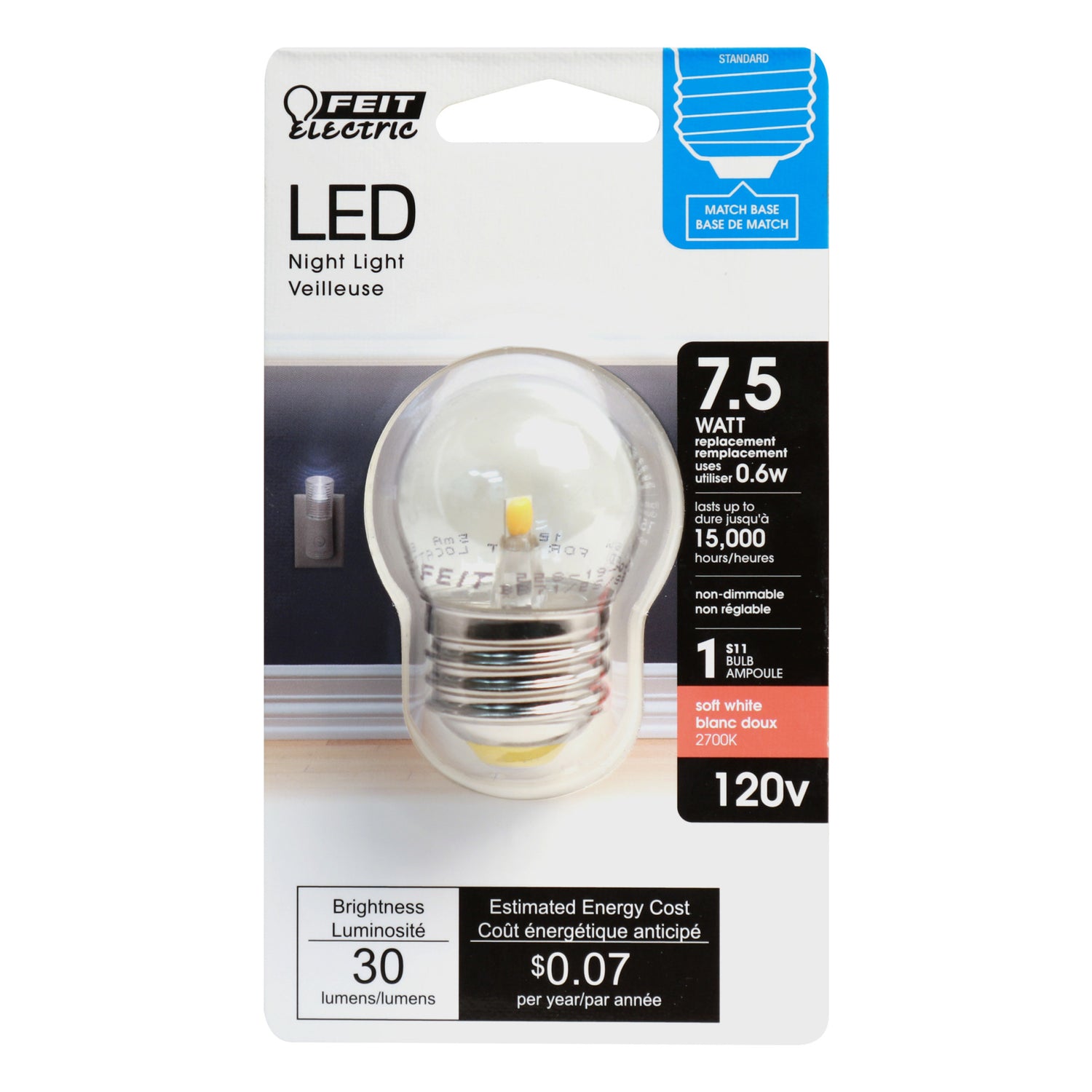7.5W Replacement E26 Base S11 Night Light LED Light Bulb