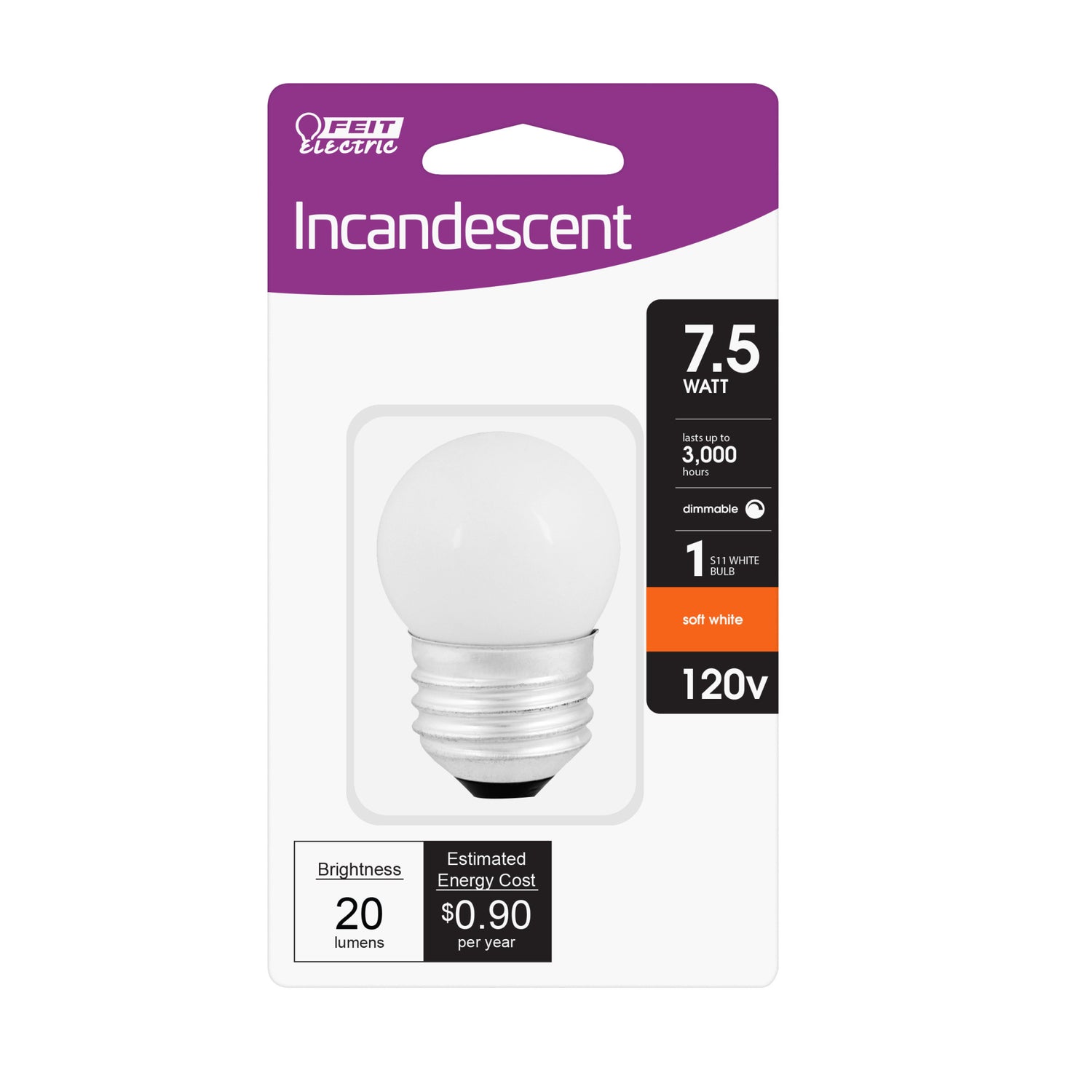 7 1/2 Watt Soft White S11 Dimmable White Incandescent Night Light