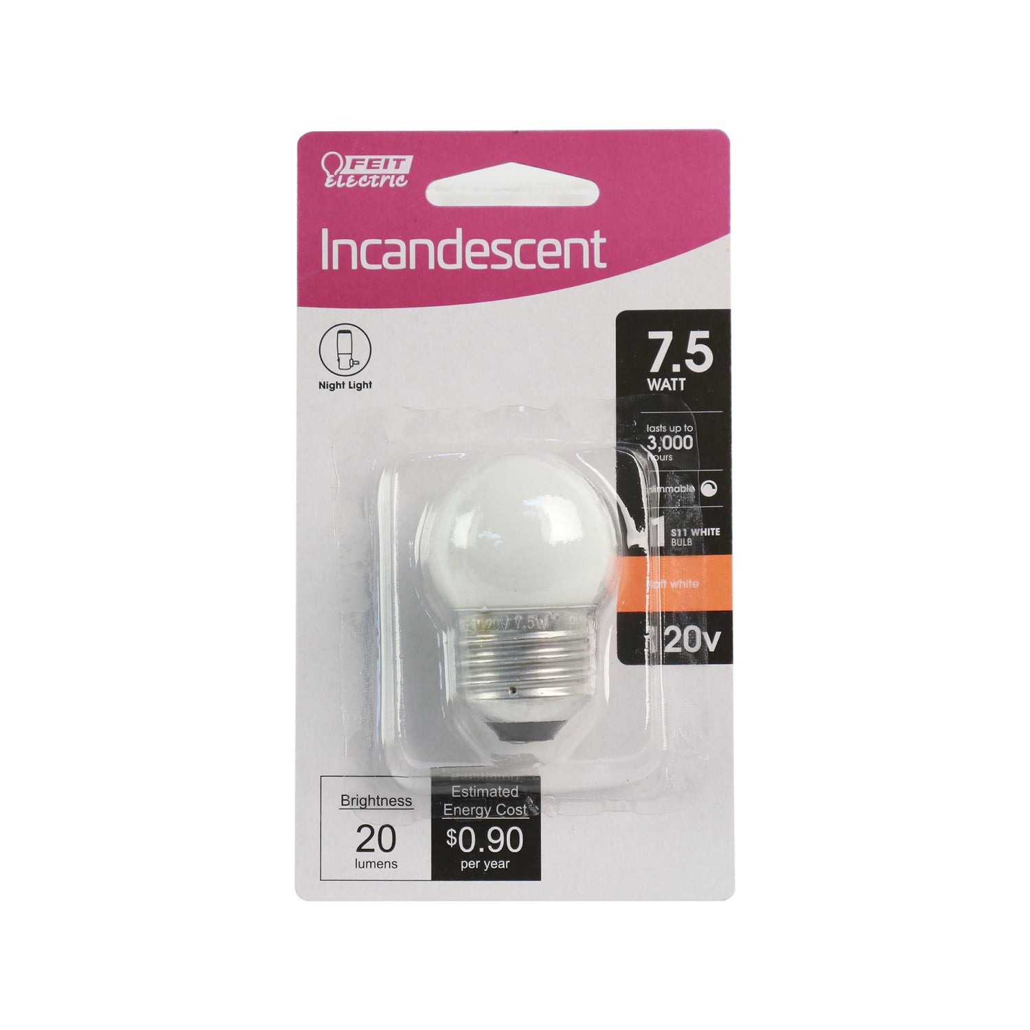 7 1/2 Watt Soft White S11 Dimmable White Incandescent Night Light
