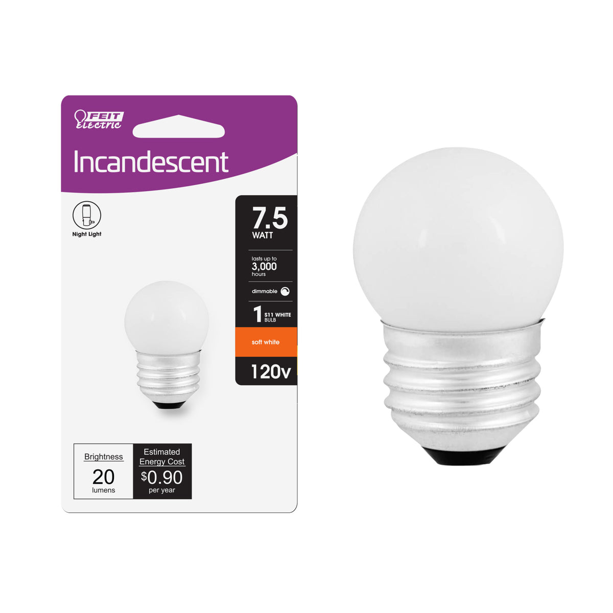 7 1/2 Watt Soft White S11 Dimmable White Incandescent Night Light