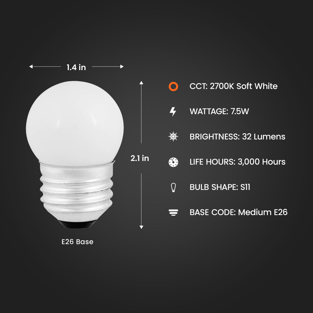 7 1/2W Soft White (2700K) S11 Dimmable White Incandescent Night Light