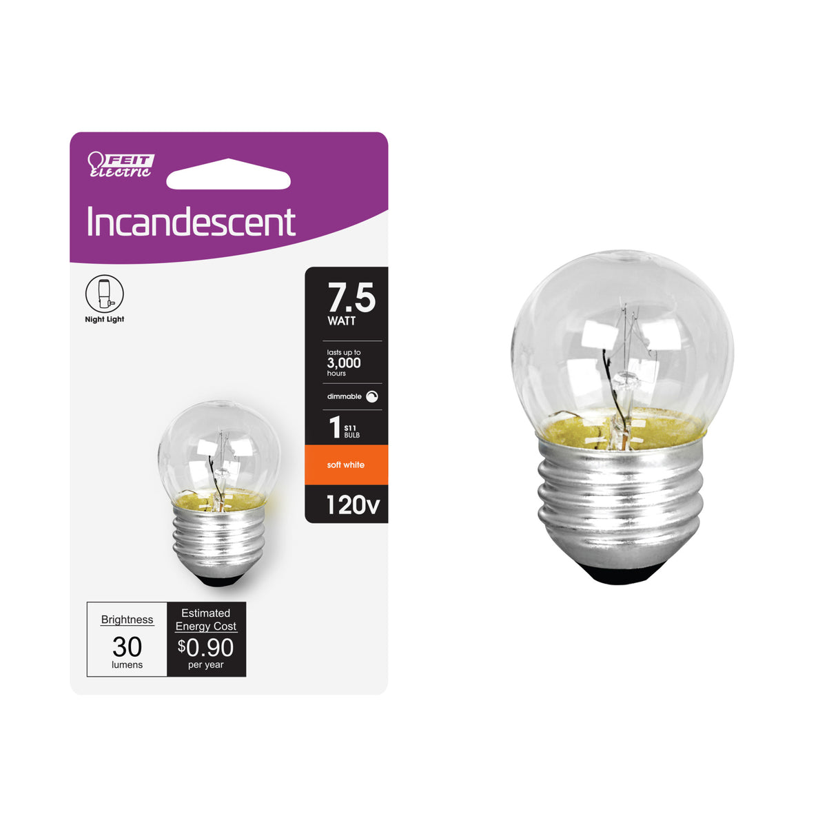 7.5W Soft White (2700K) S11 120V (E26 Base) Clear Incandescent Light Bulb