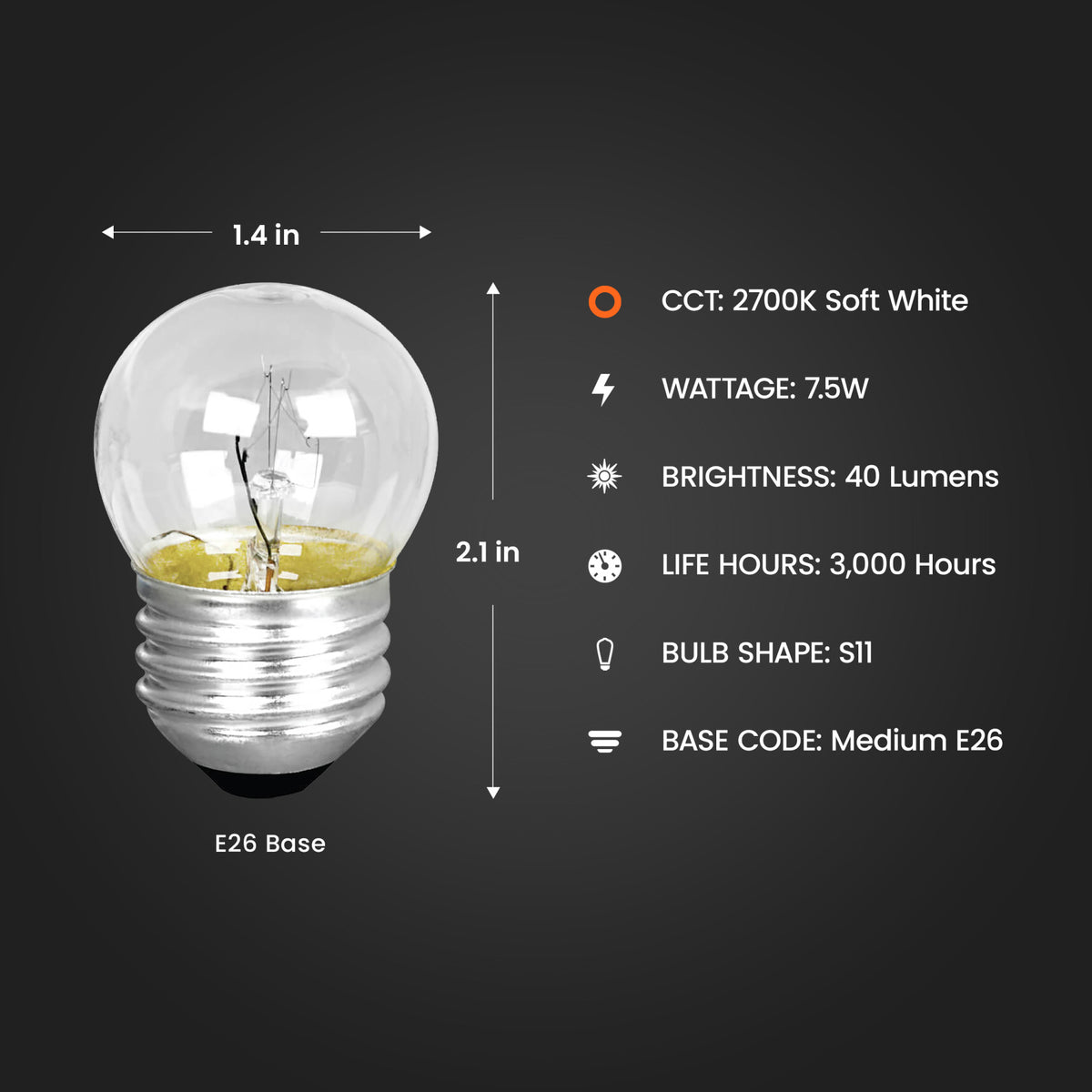 7 1/2W Soft White (2700K) S11 E26 Base Dimmable Clear Incandescent Night Light