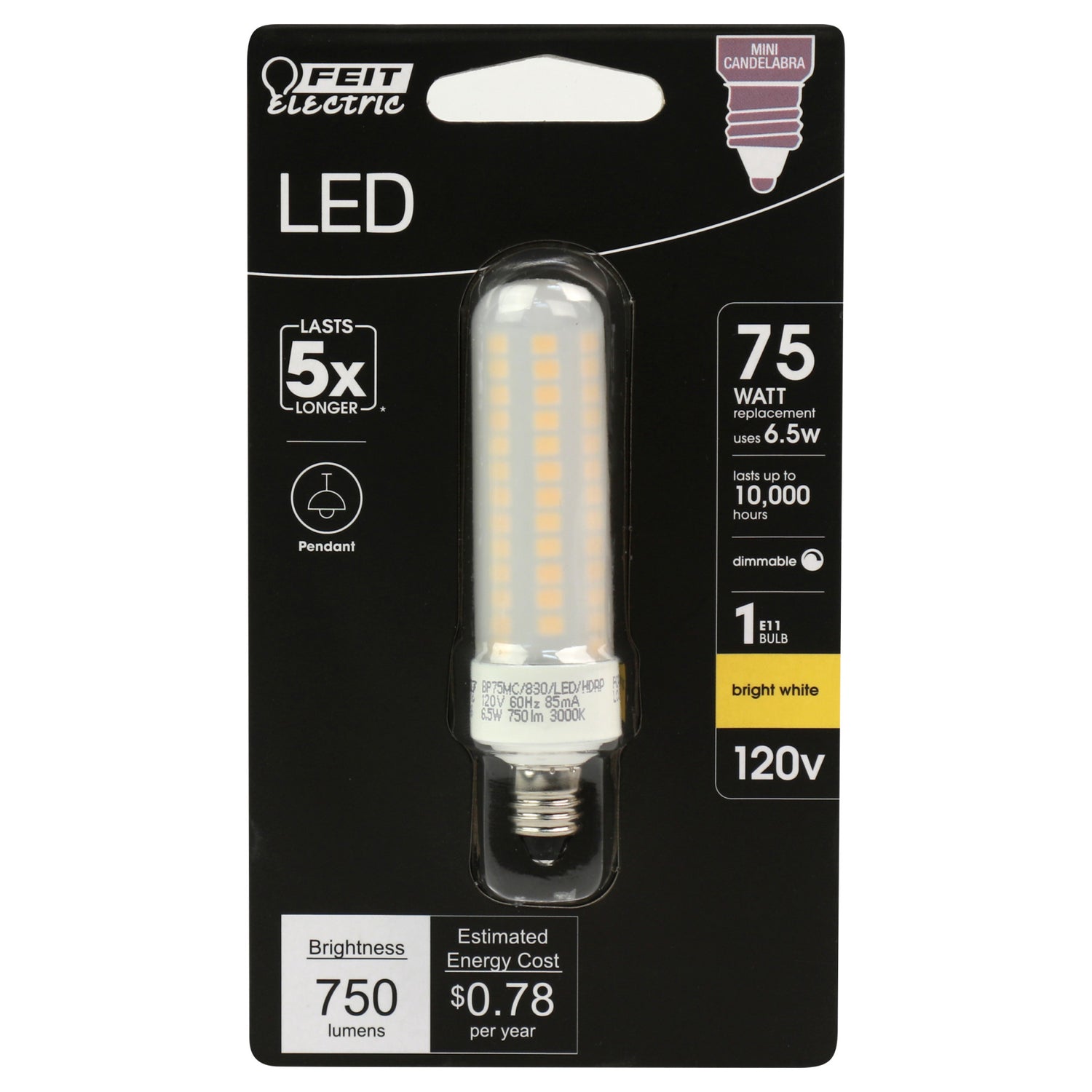6.5W (75W Replacement) Bright White (3000K) Dimmable E11 Base T4 Specialty LED